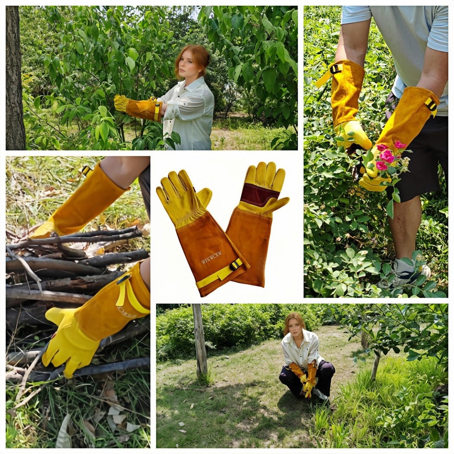 wfkwcxw Gardening Gloves for Women/Men Thorn Proof, Premium Leather Work Gloves for Cactus & Rose Pruning, Adjustable Wrist Strap, Yellow, Medium