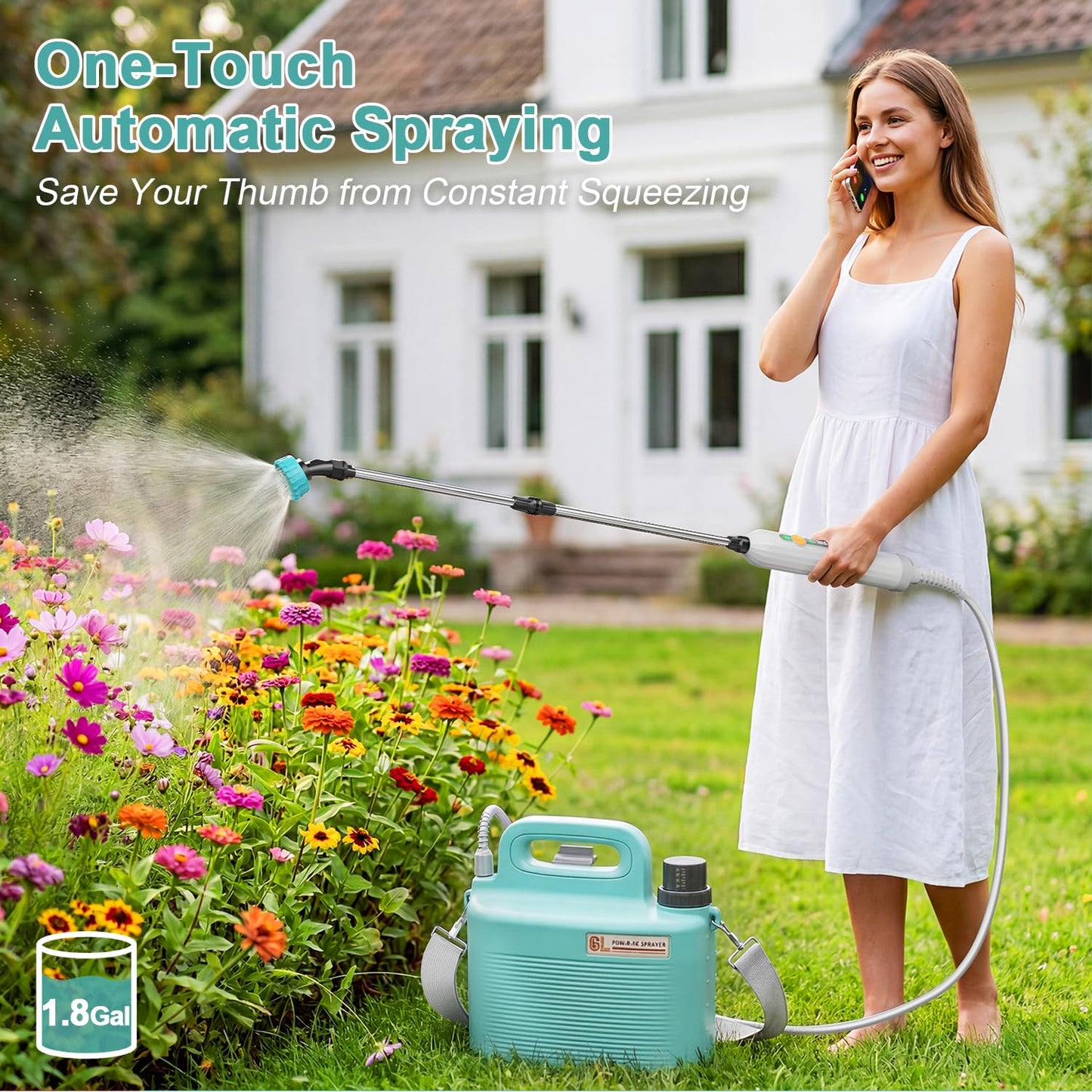 Sprayers in Lawn and Garden,Battery Powered Weed Sprayer 1.8 Gallon,Telescopic Wand,Water Hose Nozzle,Pump Sprayer,Portable Water Yard Sprayer for Weed Control,Fertilizing,Gardening