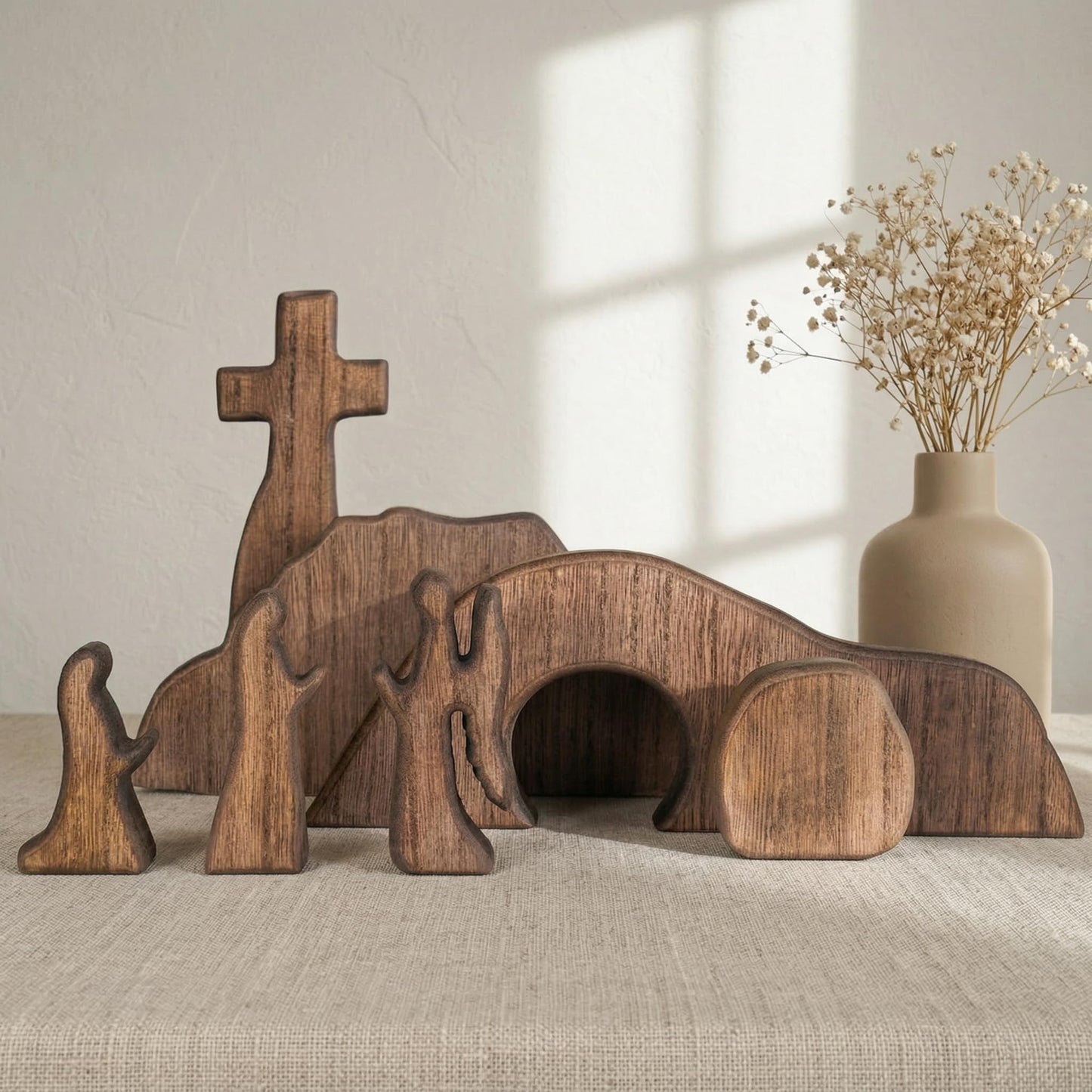 NEROSUN Empty Tomb Easter Scene and Cross Decoration, Wooden Jesus Resurrection Nativity Set, Religious Christian Tabletop Decor for Home Office Christian