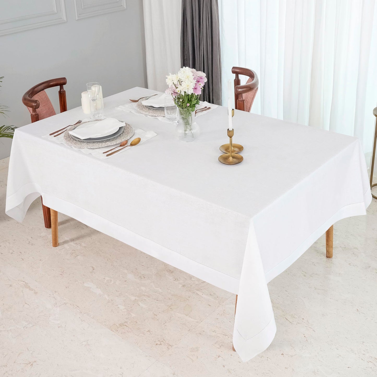 D'Moksha Homes White Linen Tablecloth 60 x 120 Inch - 100% Pure Linen Hemstitch Tablecloth for Rectangle Tables - Classic Hemstitch, Machine Washable Table Cloth for Mothers Day, Spring