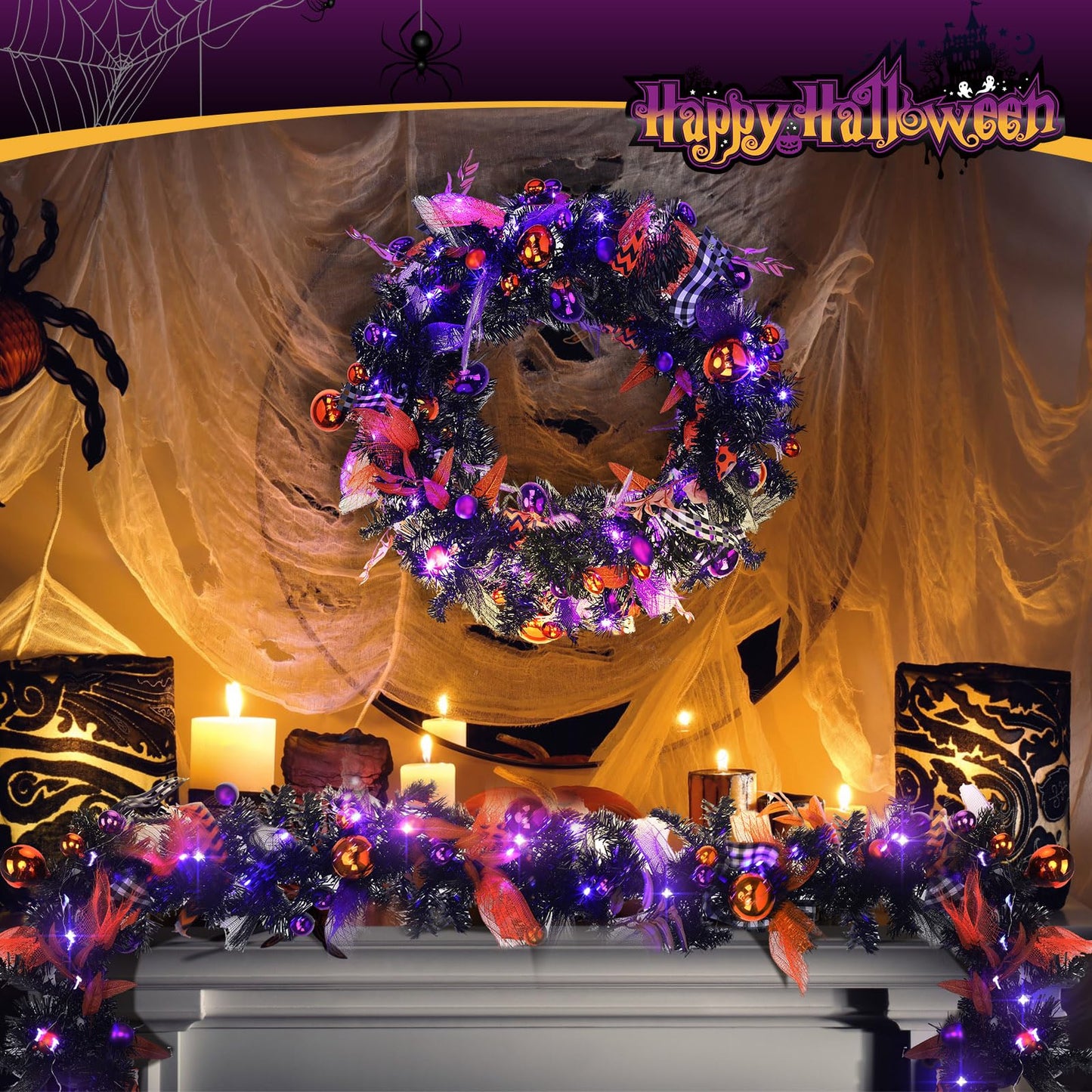 Riceshoot 6 ft Artificial Halloween Garland with LED Mixed Ball Rustic Halloween Hanging Garland String for Mantel Kitchen Fireplace Wall Window Home Indoor Outdoor Decor