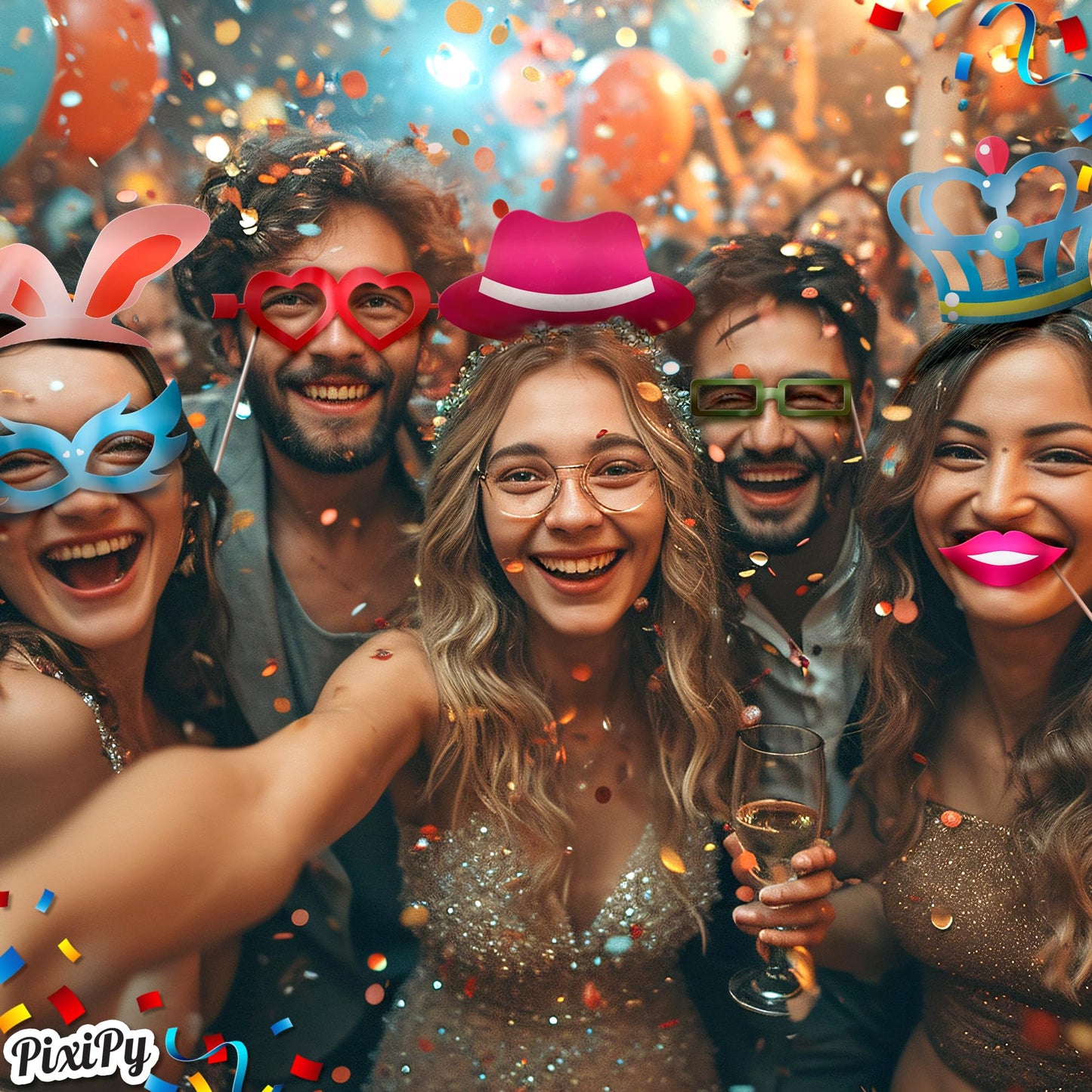 Photo Booth Props - 66 Piece Multicolor Kit - Fun Selfie Party Accessories - Mustaches, Hats, Lips & More - by PixiPy