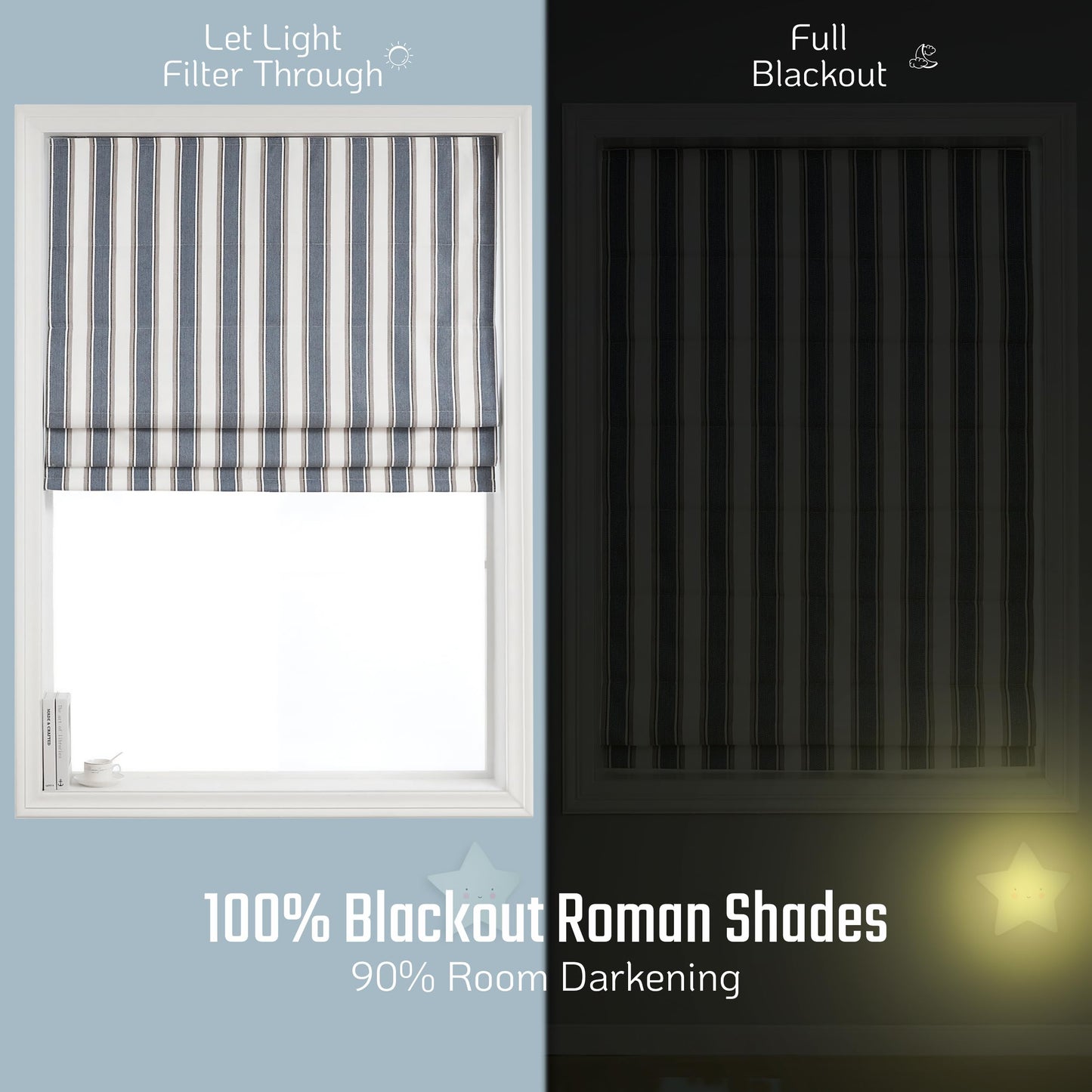 Everyday Celebration Roman Shades - 100% Blackout, Cordless Pull Down, Vertical Stripe Indoor Window Shades, Woven Fabric Blinds - Denim Bleu, 31" W x 64" H