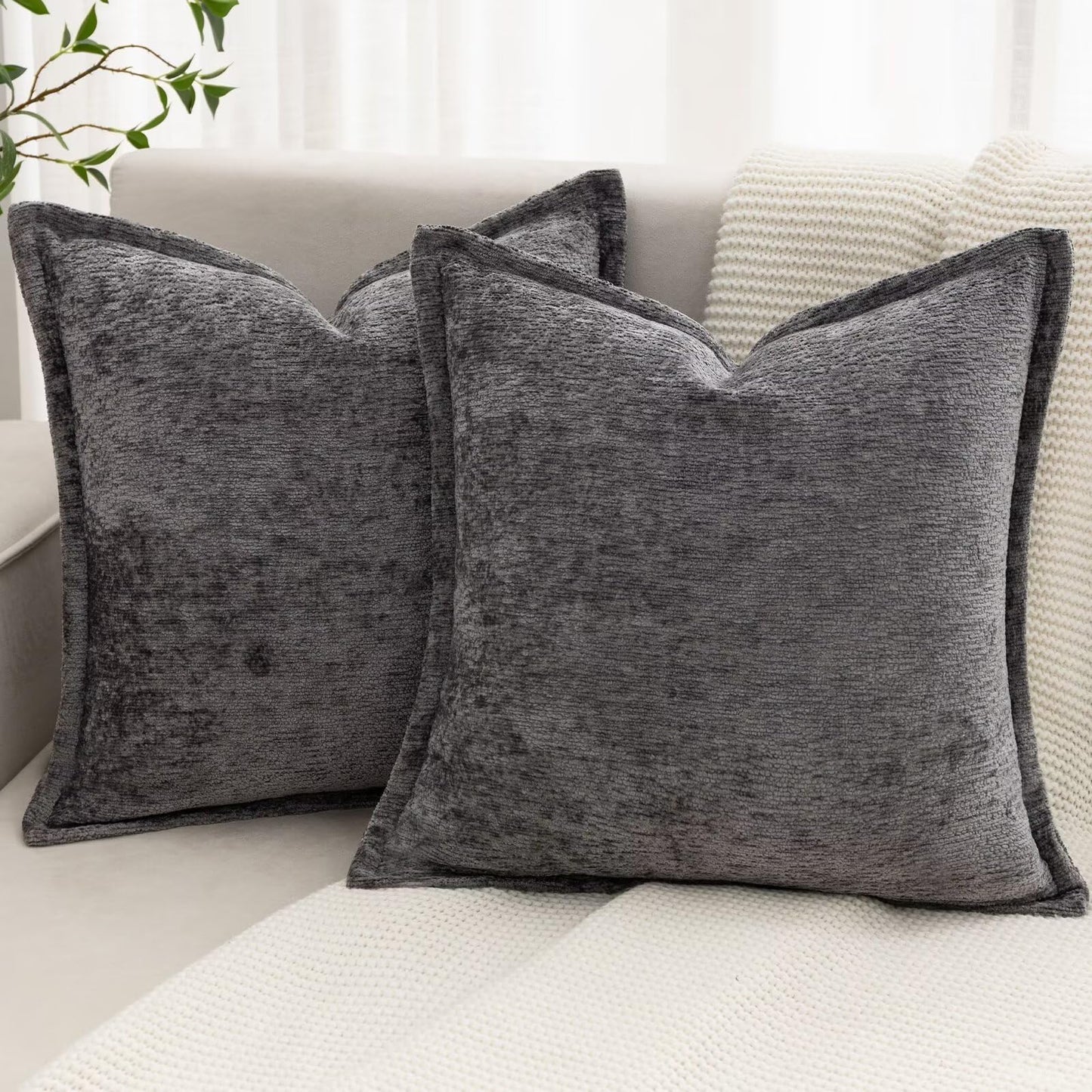 BAOLIZEGAO Grey Decorative Throw Pillow Covers 18x18 Inch Set of 2 Cozy Soild Chenille Cushion Cases Soft Textured Square Couch Pillows Cover Boho Accent Farmhouse Pillowcases for Sofa Bed