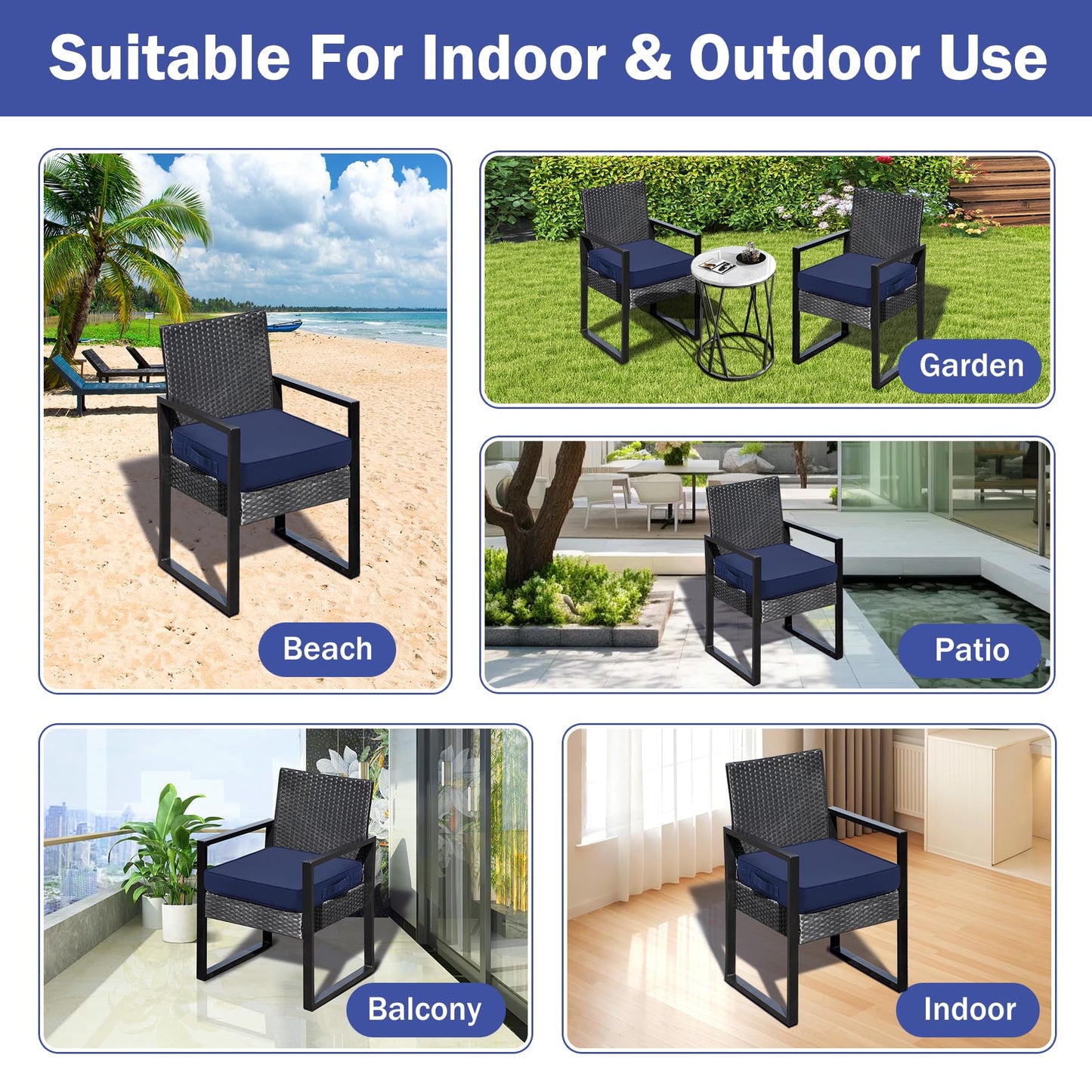IASEAHK Patio Chair Cushions, 19" x 19" x 3" Outdoor Chair Cushions Set of 4, Waterproof Outdoor Cushions for Patio Furniture, Outdoors Seat Cushions Set of 4 with Handle and Ties, Navy Blue
