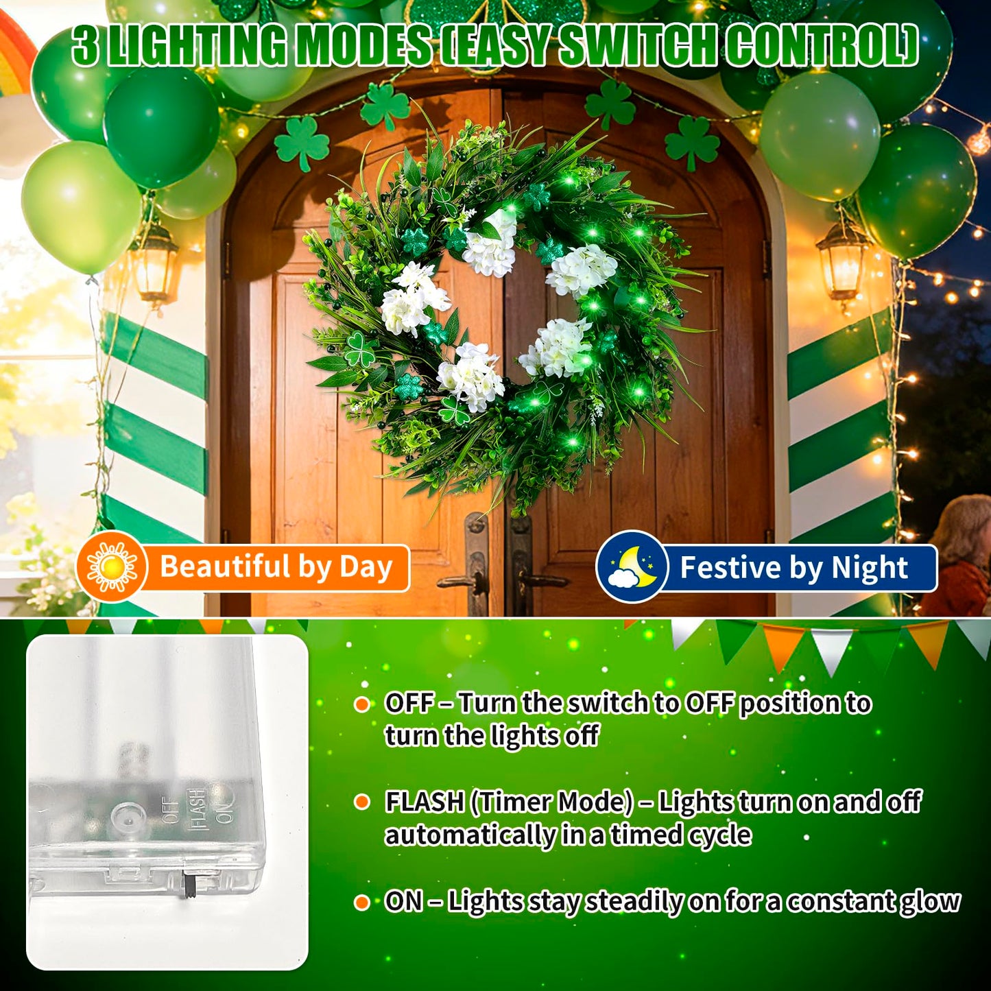 22" st Patricks Day Wreaths for Front Door, Green Shamrock & White Hydrangea Artificial Wreaths with LED Lights, Spring Holiday Wreath for Wall Window Porch Home Decor