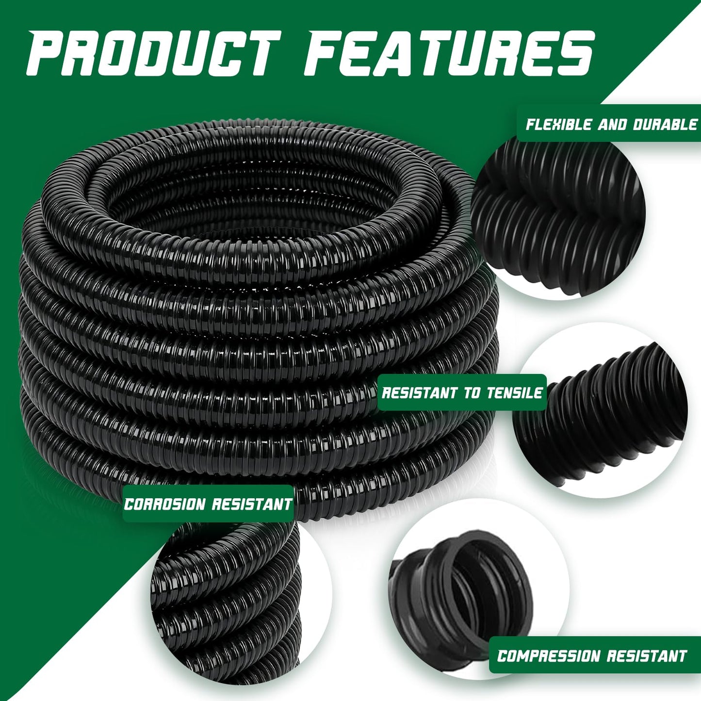 Wocloer Pond Tubing 1” × 10 Feet Black Flexible PVC Pond Hose,Garden Pond PVC Tube - Reinforced, Kink-Resistant Tubing for Pumps, Fountains & Waterfalls, with 4 Clamps,1" Dia