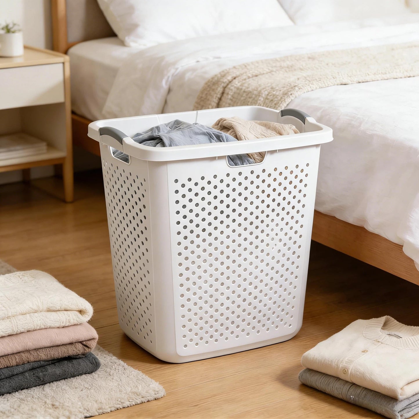Plastic Laundry Hamper – 2.5 Bushel Large Capacity Basket with Handles, Sturdy White Clothes Hamper for Bedroom, Bathroom & Dorm