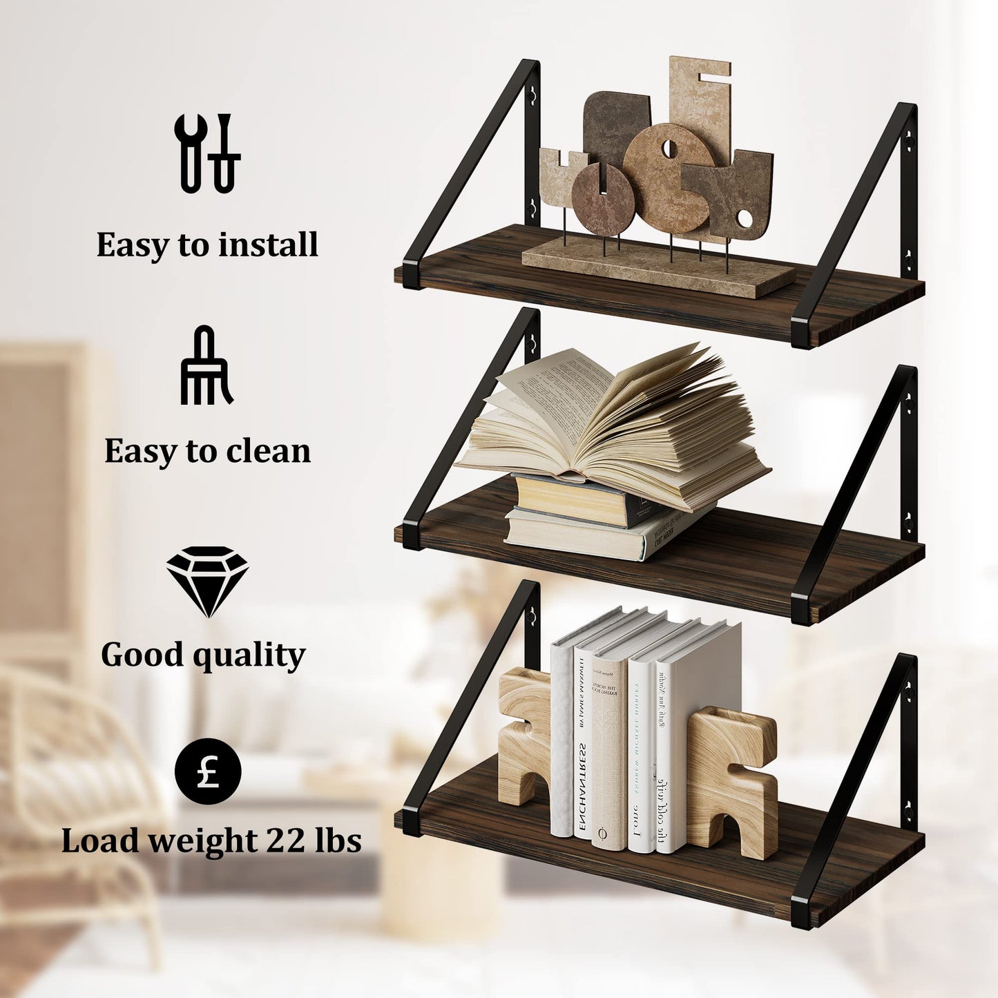 BAMEOS Floating Shelves Rustic Wood Wall Shelf, Small Bookshelf for Living Room, Office, Bedroom, with Metal Bracket