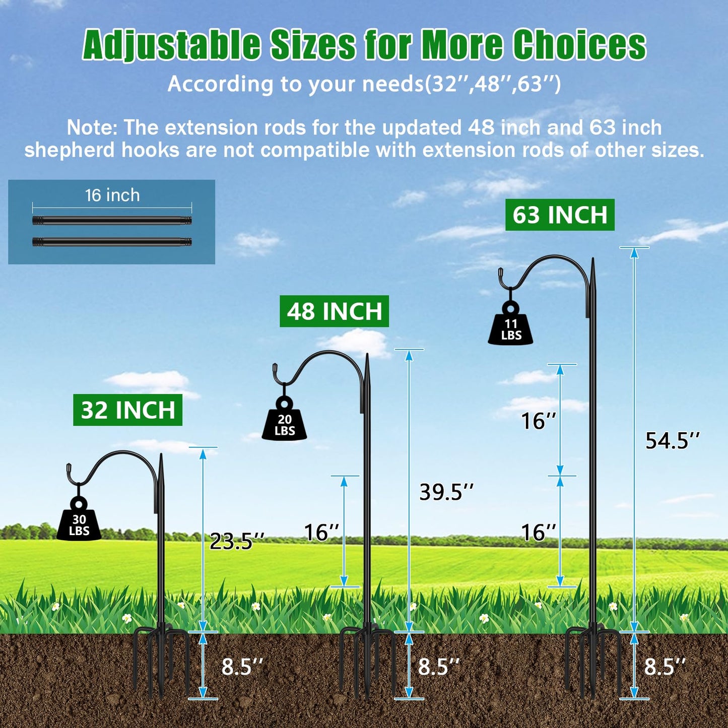 FEED GARDEN Adjustable Outdoor Shepherd Hook Bird Feeder Pole with 5 Prongs Base, 60 Inch Tall 5/8 Inch Thick, Heavy Duty Shepard Hook Stand for Hanging Bird Feeders, Plant Baskets, Black (1 Pack)