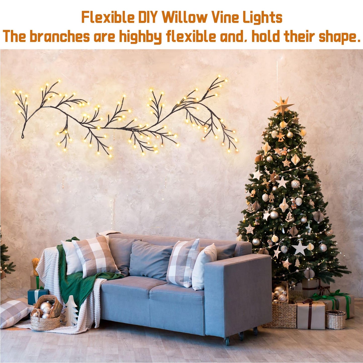 XINXIANLIAN 96 LED Willow Vine Lights 6FT Enchanted Wall Decoration Vine Lights 8 Modes for Home Indoor Wall Decoration (Warm White)