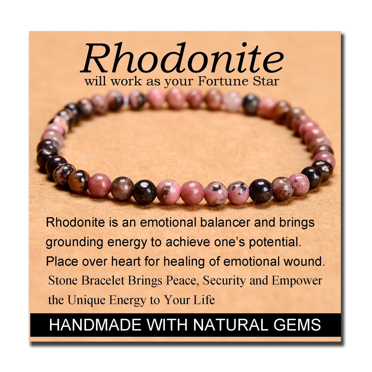 MASSIVE BEADS Pink Black Rhodonite - Stone of Fortune - Handmade Yoga Stretch Elastic Bracelet Natural Stone Crystal Healing Power Energy Gifts for Unisex Adult 4mm
