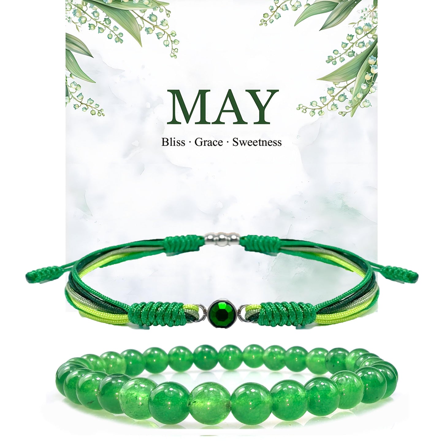 Crgwxzl May Birthstone Bracelets for Women Men,Healing Crystal Protection Stone Green Jade Beads Bracelet,String Wrap Zodiac Month Bracelets Birthday Jewelry Gifts