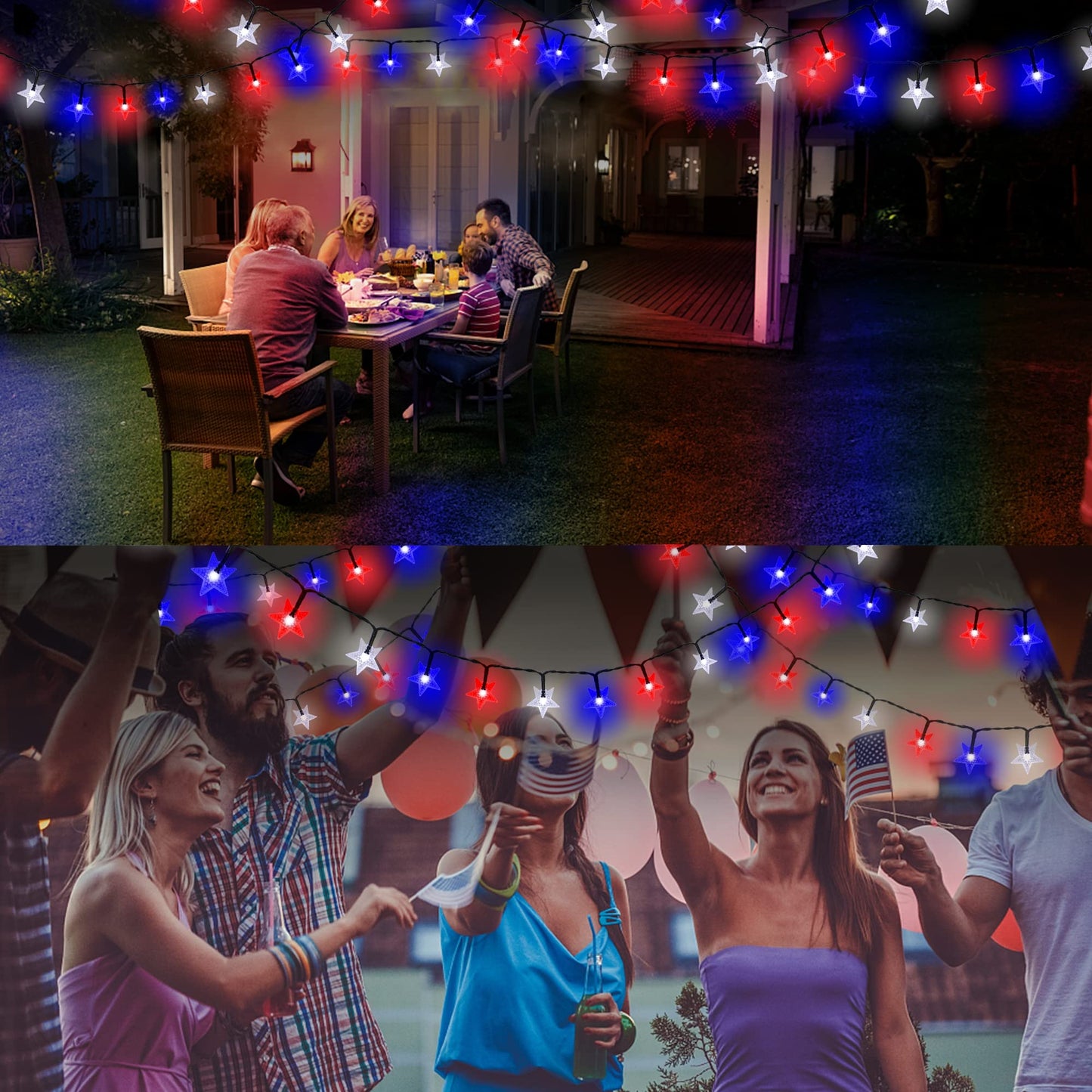 2 Pack Solar Powered Outdoor Patriotic Star String Lights, 100 LED 33 FT Each July 4th Decorative Lights, 8 Lighting Modes, Waterproof for Independence Day Party Patio Garden Decor, Red White & Blue