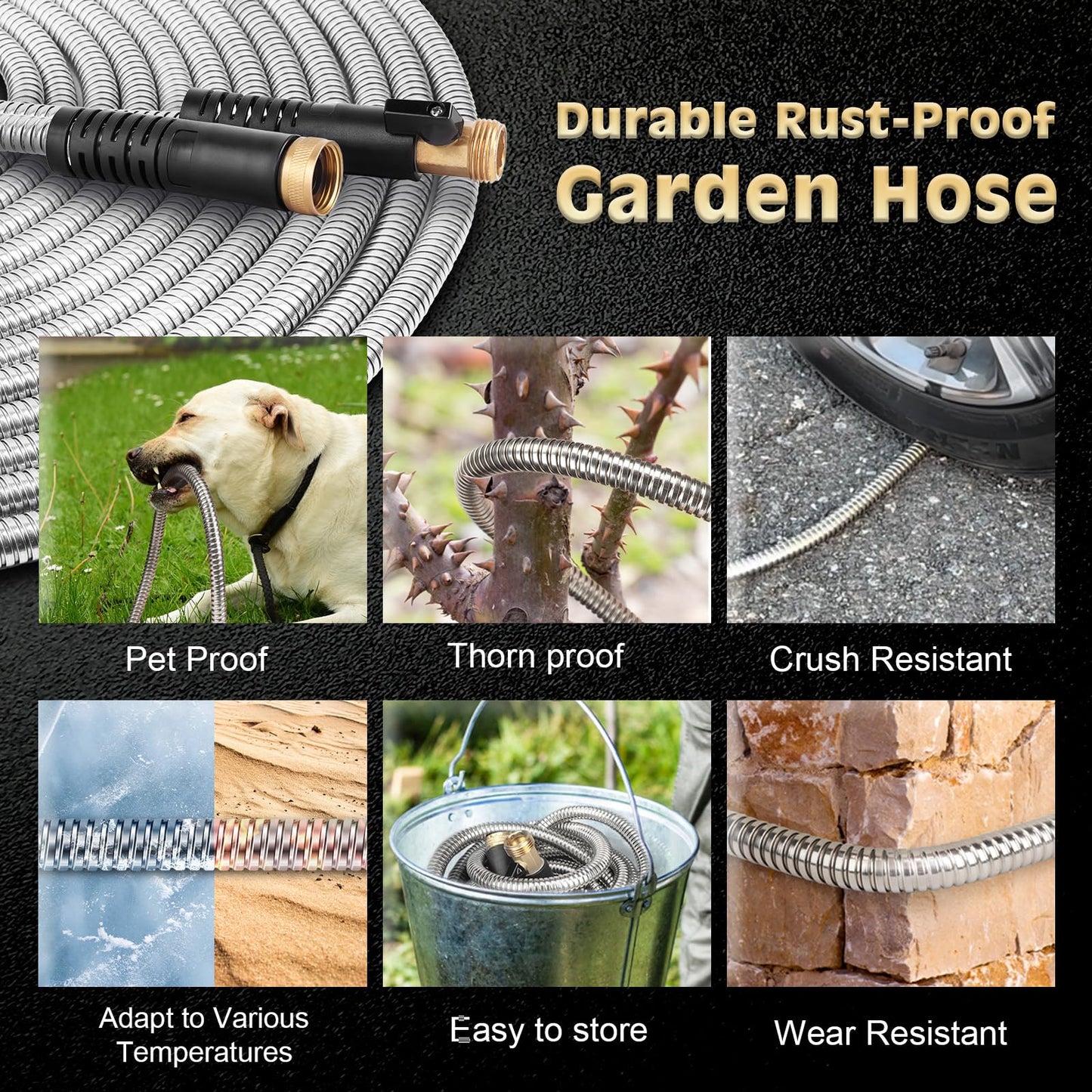 Metal Garden Hose 50FT Stainless Steel Heavy Duty Flexible Lightweight Water Hoses Pipe with 10-Function Spray Nozzle and 3/4" Solid Brass Fittings No Kink Durable for Outdoor Yard & Lawn