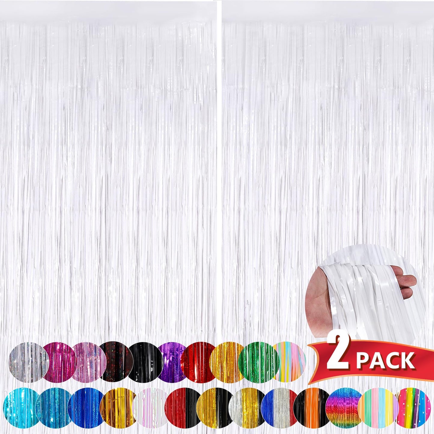 White Metallic Tinsel Foil Fringe Curtains, 2 Pack 3.3x8.3 Feet Streamer Backdrop for Birthday Wedding Christmas Easter, New Year’s Eve Decor, White Tinsel Backdrop for Valentines Day Decorations