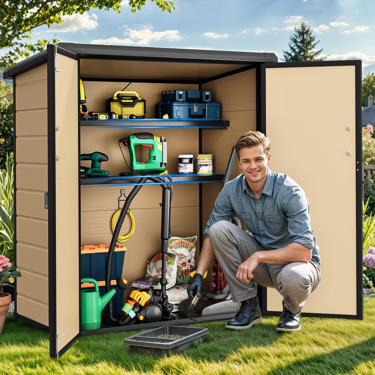 DWVO 54 cuft Outdoor Storage Shed with 2 Shelves, 4.2x2.6x5ft Vertical Tool Shed with Floor & Lockable Doors, Sturdy Double-Wall Plastic Cabinet for Garbage Cans and Garden Equipment (Brown)
