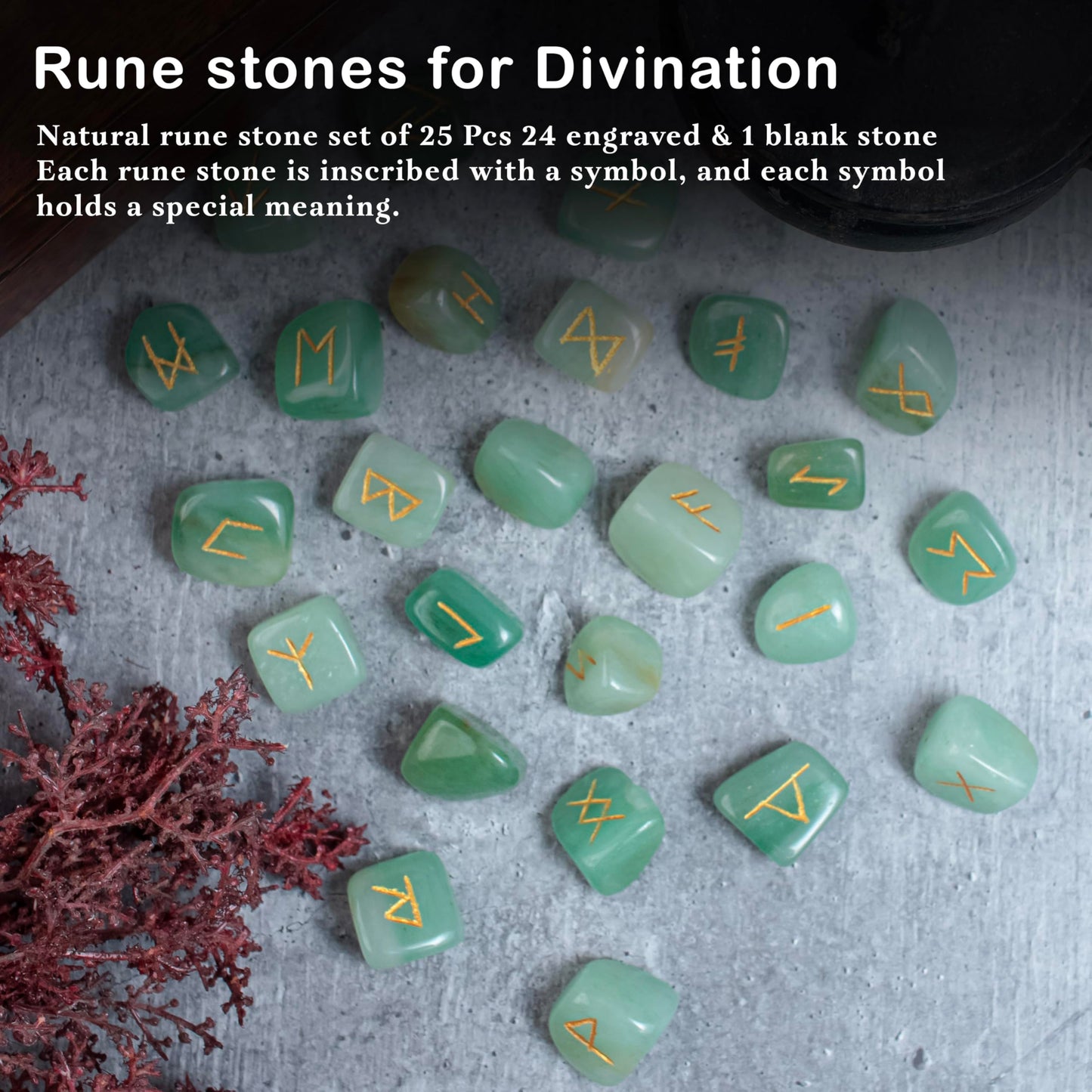 Crocon Green Aventurine Rune Stones Set Engraved with Elder futhark Crystal Runes Set, Reiki Healing runas for Meditation Chakra Balancing Rune Stone for Beginners with Crystal Guide & Pouch 15-20 mm