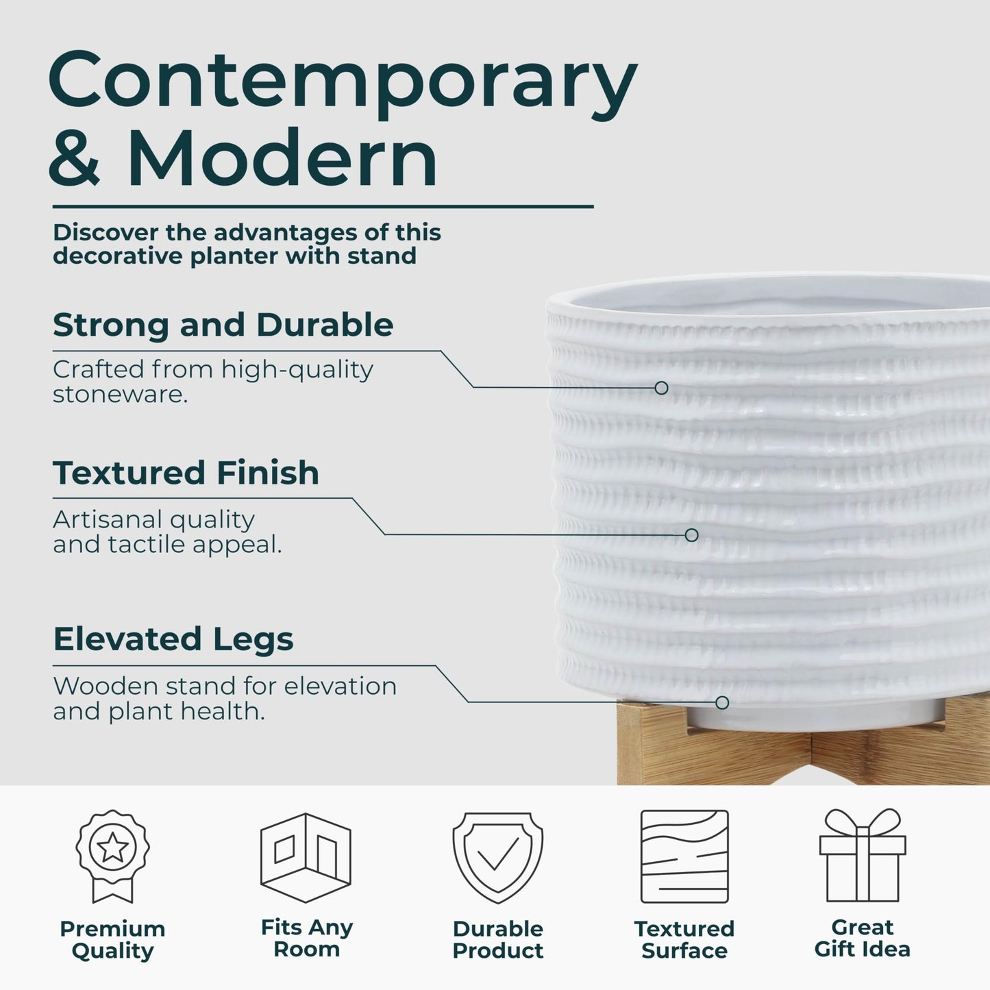 Ceramic Planter with Bamboo Stand – Modern Home Decor Indoor Plant Pot with Textured Stoneware Design – Decorative Planter with Legs for Living Room, Bedroom, Office, Patio, or Garden - 8", White