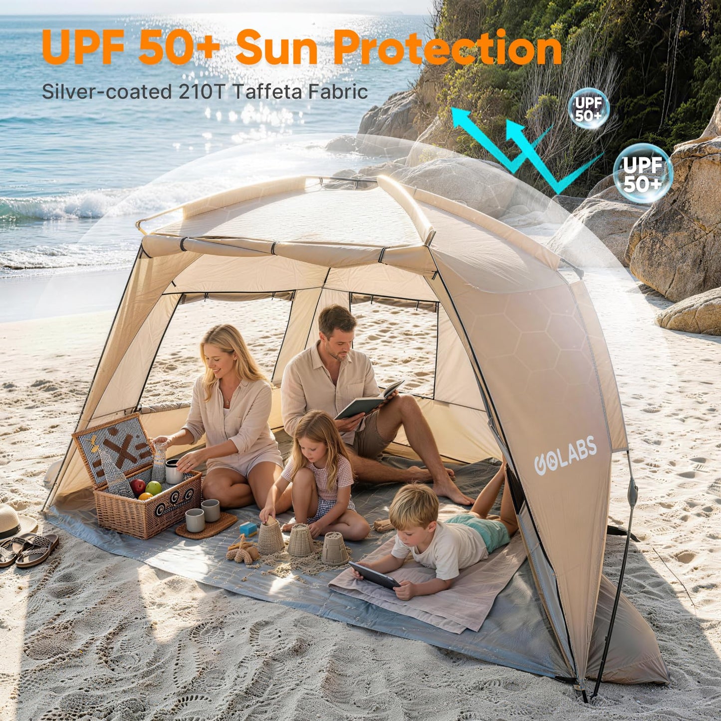 Golabs BT1 Pop up Beach Tent Sun Shelter for 3-Person, 1-Minute Setup by Pre-Attached Pole & UPF 50+, Beach Shade with Detachable Floor Mat, Mesh for Clear View & Airflow, only 7 lbs & Pocket and Hook
