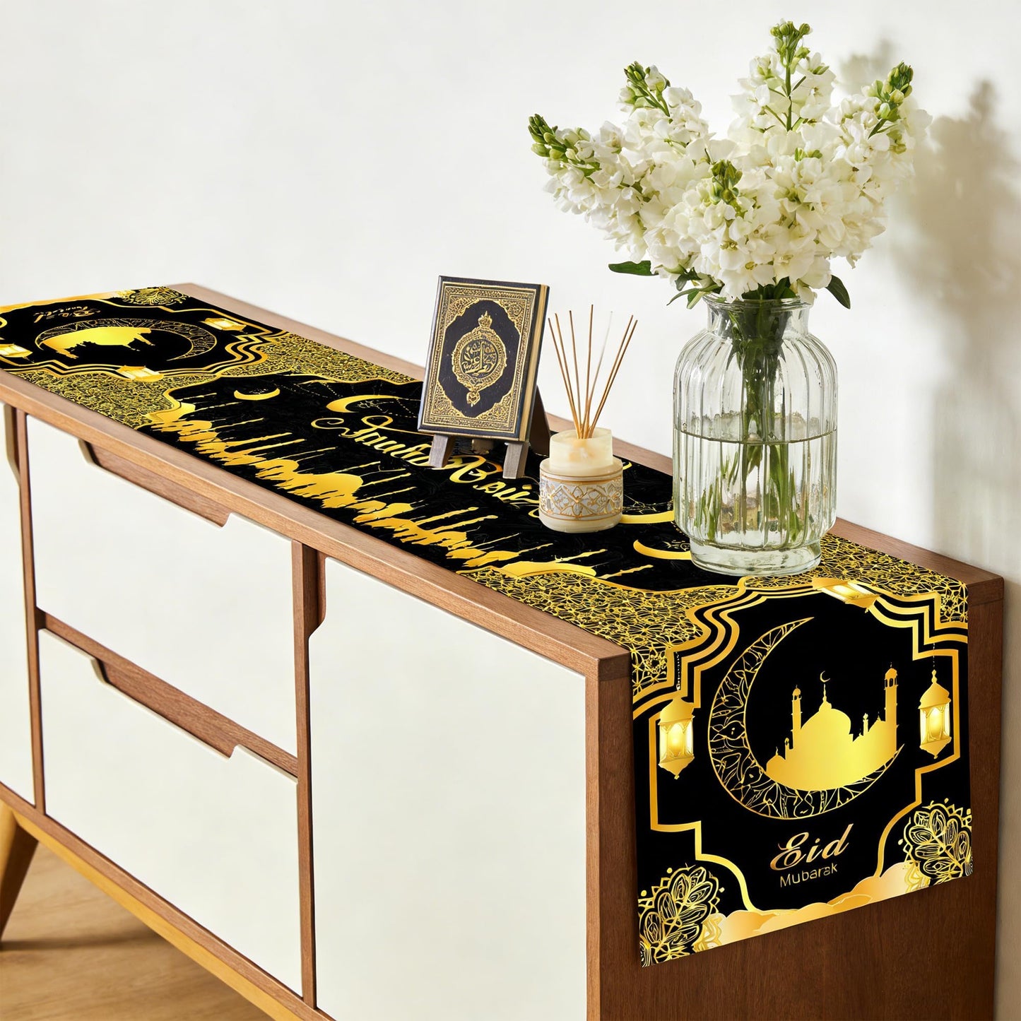 Ramadan Mosque Linen Table Runner: Black and Gold Mosque Moon Tablerunner Muslim Eid Al-fitr Eid Mubarak Perfect for Ramadan Party Home Kitchen Dining Mantel 13×72Inches(1 Pcs)