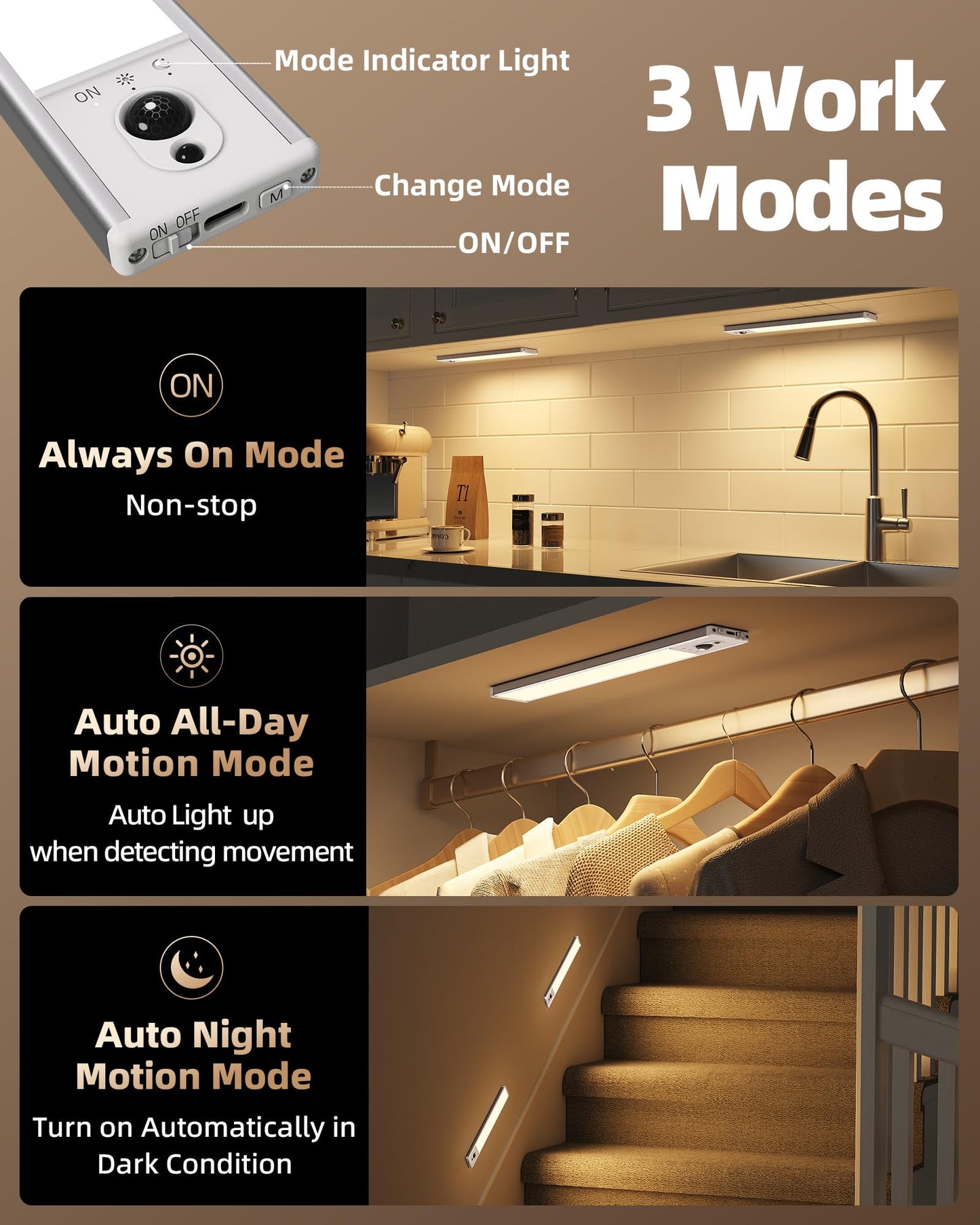 EZVALO 5-Pack Under Cabinet Lighting, 2400mAh Motion Sensor Light, LED Closet Lights Wireless, 3000K Dimmable, Timer, Magnetic, with Remote Control for Kitchen, Closet, Stair