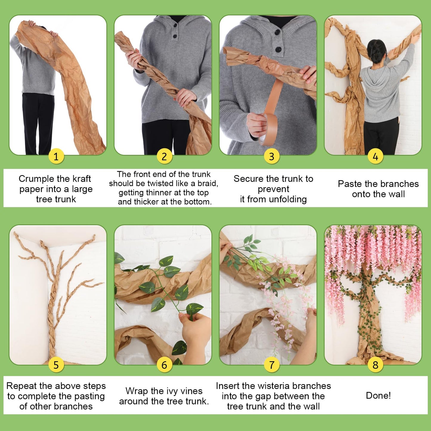 XunYee 3D Wisteria Tree Wall Decor for Room Classroom Ceiling Artificial Wisteria Hanging Flowers DIY Cardboard Paper Tree with Green Vine Kraft Paper Fairy Bulletin Board Decorations(Pink)