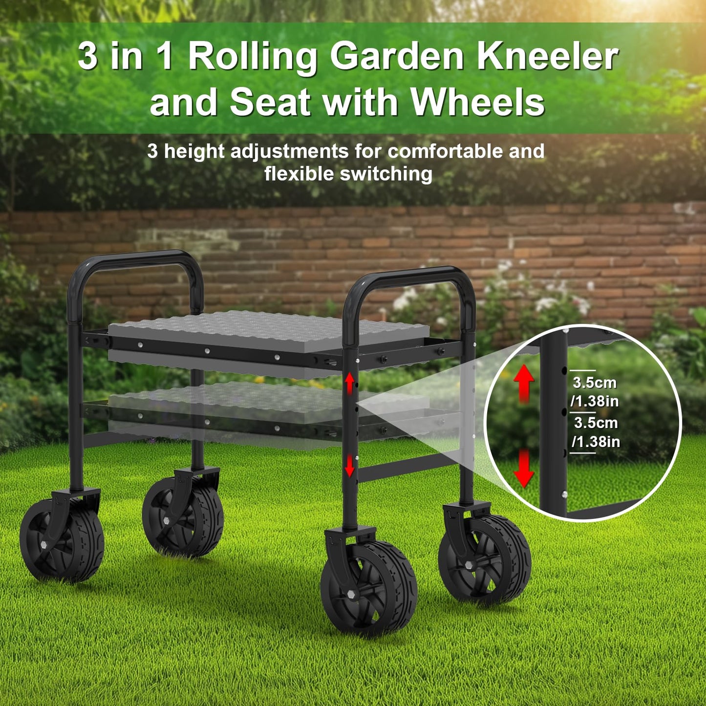 NIUXX Garden Kneeler and Seat with 360° Wheels: 3-in-1 Rolling Garden Stool with Extendable Legs - Foldable Garden Seat with Thick Pad & Tool Pouches - Heavy Duty Gardening Bench for Seniors