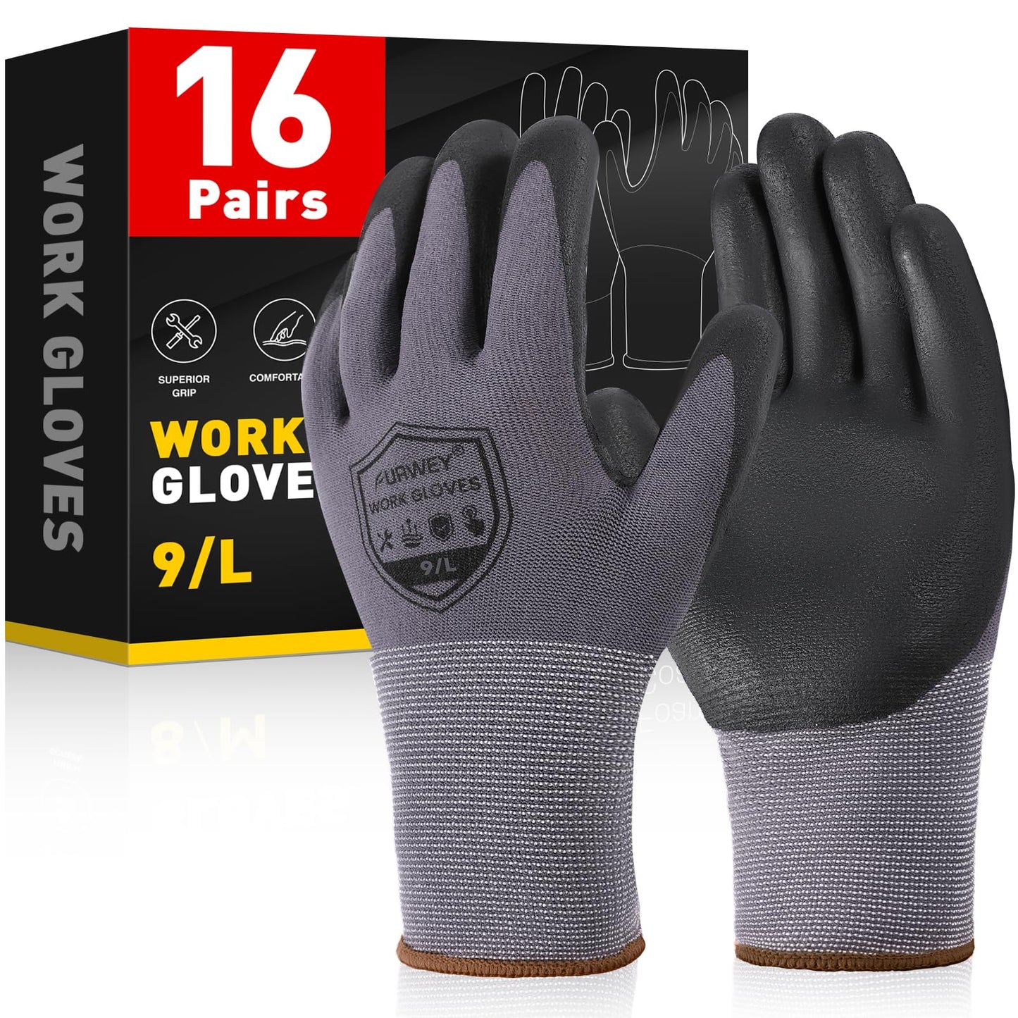 FURWEY Safety Work Gloves,16 Pairs Micro-Foam Nitrile Coated Glove for Men and Women, Touchscreen, Ideal for Warehouse Package Handling，Construction, Gardening, Small