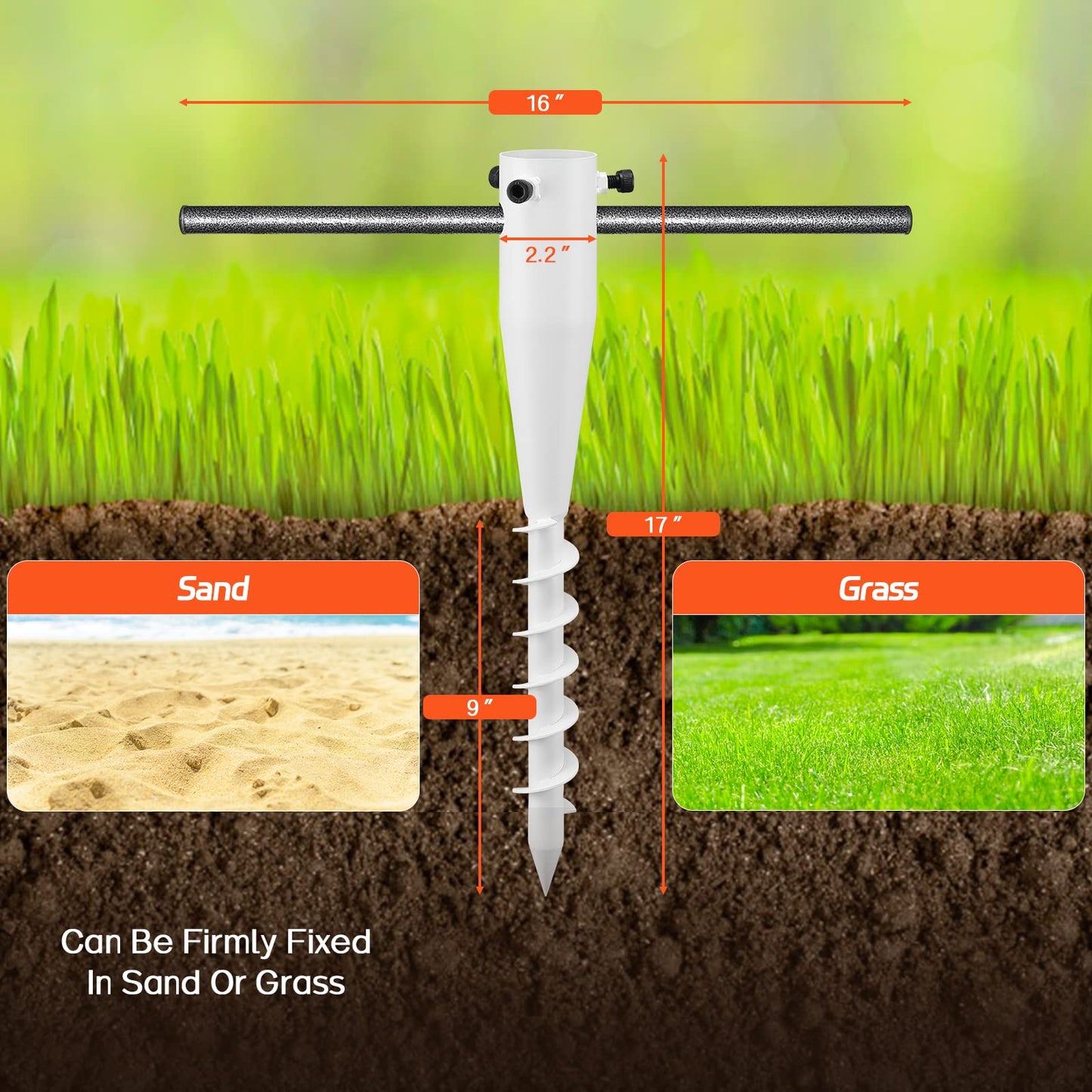TALITARE Beach Umbrella Sand Anchor,17 Inches Heavy Duty Metal No Dig Beach Sand Ground Anchor,Windproof Umbrella Holder for Use in Ground, Soil, Grass, Sand (White,1Pcs)