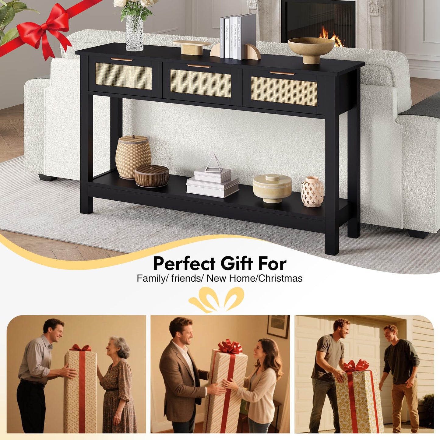 Luoxiao 47" Entryway Table with 3 Rattan Drawers, Narrow Console Table with Storage Shelf, Modern Black Slim Sofa Table for Living Room Hallway Foyer, Boho Entry Way Table, Anti-Tip, Easy Assembly