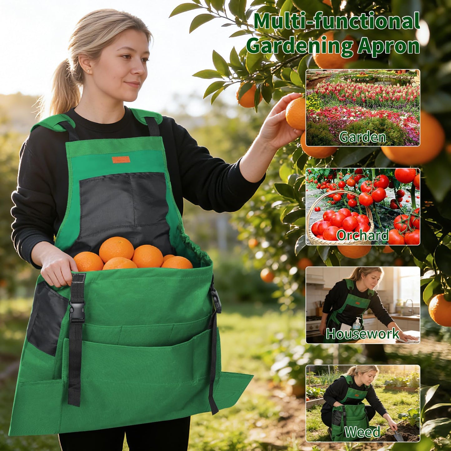 Garden Harvest Apron, Patioland Green Adjustable Fruit Picking Apron w/Bottom Release Pocket,Gardening Apron with Gloves for Women & Men, Fruit Picking and Foraging Apron for Gardeners,Gardening Gifts