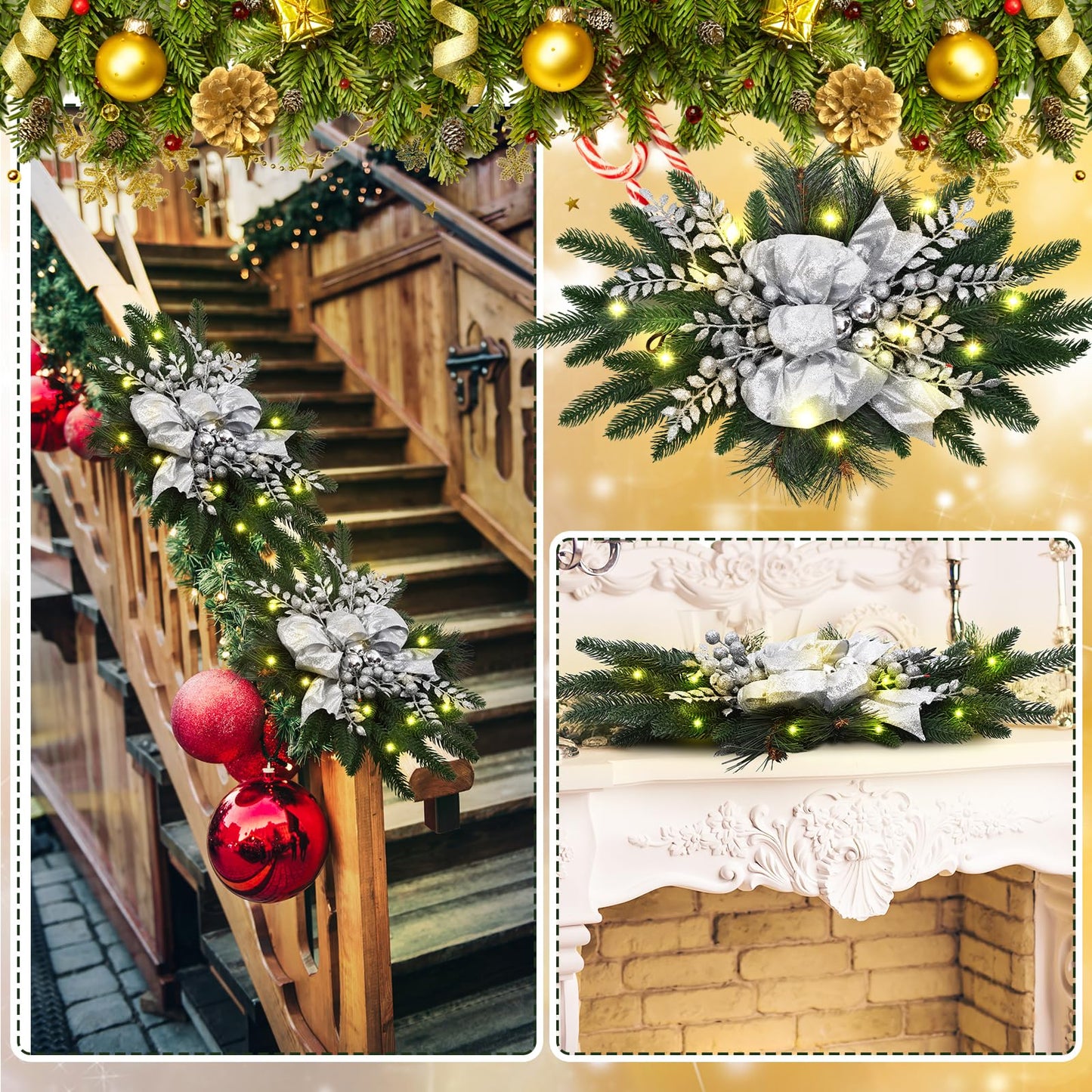 Hiboom 3 Pack Artificial Christmas Teardrop Swags 24" Xmas Cordless Prelit Stairway Swag Christmas Garland Stairs Rails Decoration with LED Lights for Indoor Outdoor(Silver,Classic Style)