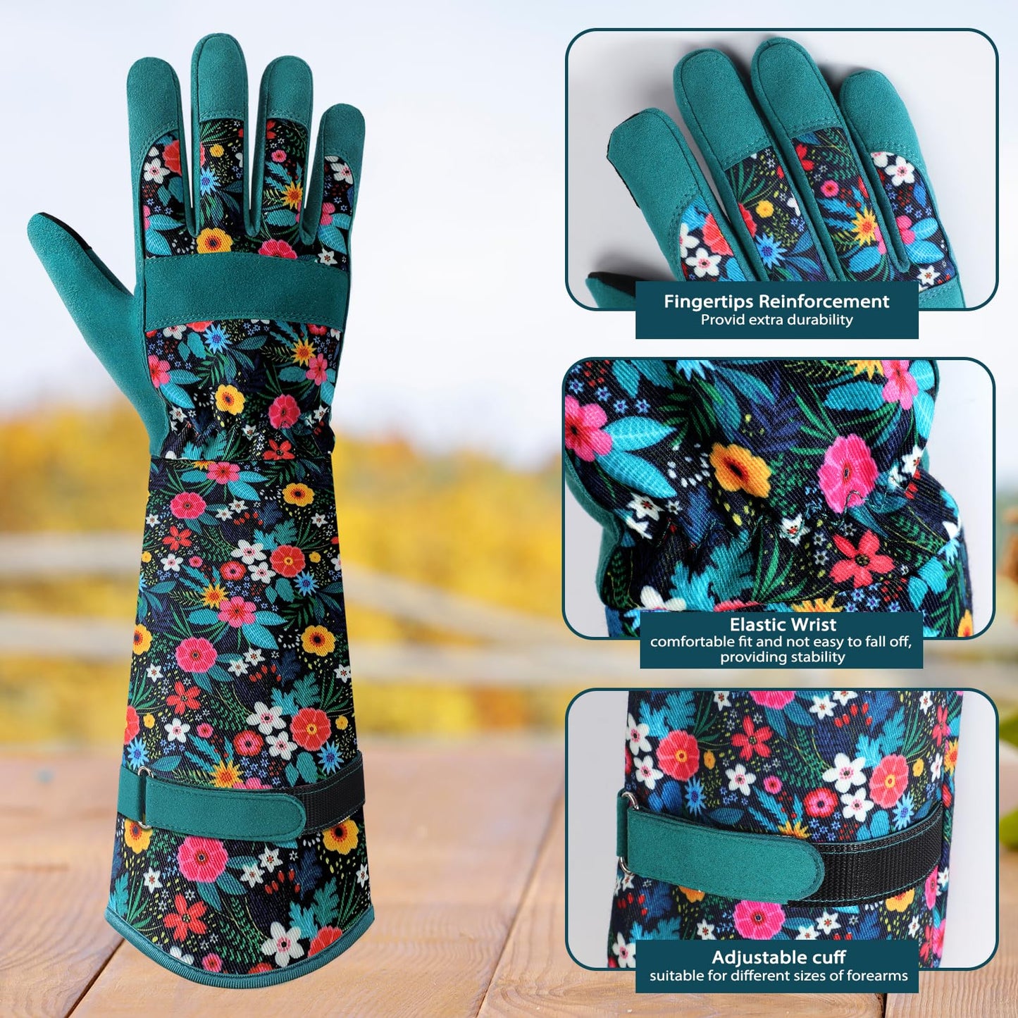 Gardening Gloves for Women - Breathable Long Garden Gloves with Grip, Thorn-Proof Puncture-Resistant Leather Work Gloves for Yard and Outdoor Work, Protective Garden Gloves for Women, Green Flower