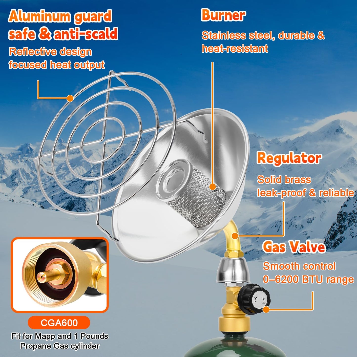 Portable Propane Heater for Camping, Outdoor Small Space Patio Heater with Control Valve, Radiant Cordless Tent Heaters with Foldable Gas Tank Holder for Hiking Ice Fishing Hunting Backyard