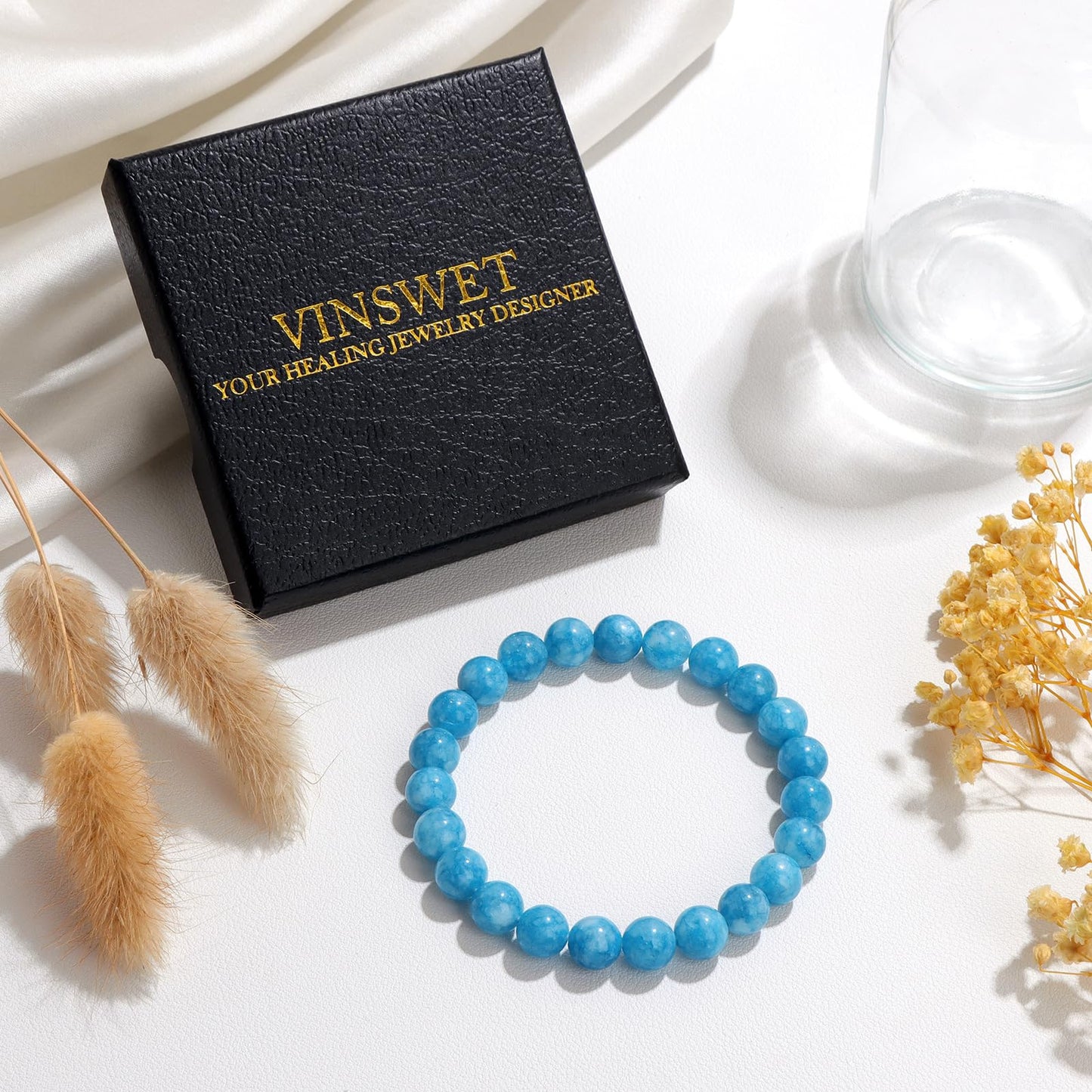 Vinswet Healing Crystal Bracelets for Women Men 8mm Apatite Natural Stone Beaded Stretch Bracelet Handmade Gemstone Reiki Spiritual Jewelry Gifts