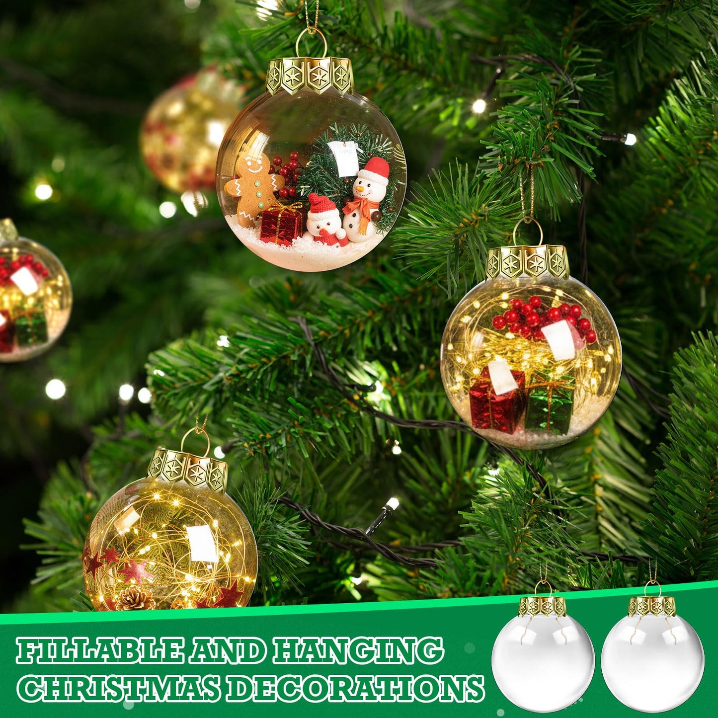 Wettarn 50 Pcs 2.36 Inch Christmas Plastic Fillable Ornaments, Transparent DIY Craft Rainbow Ball with Lid and Rope, Xmas Hanging Ornament for Party Wedding Home Decor (Clear)