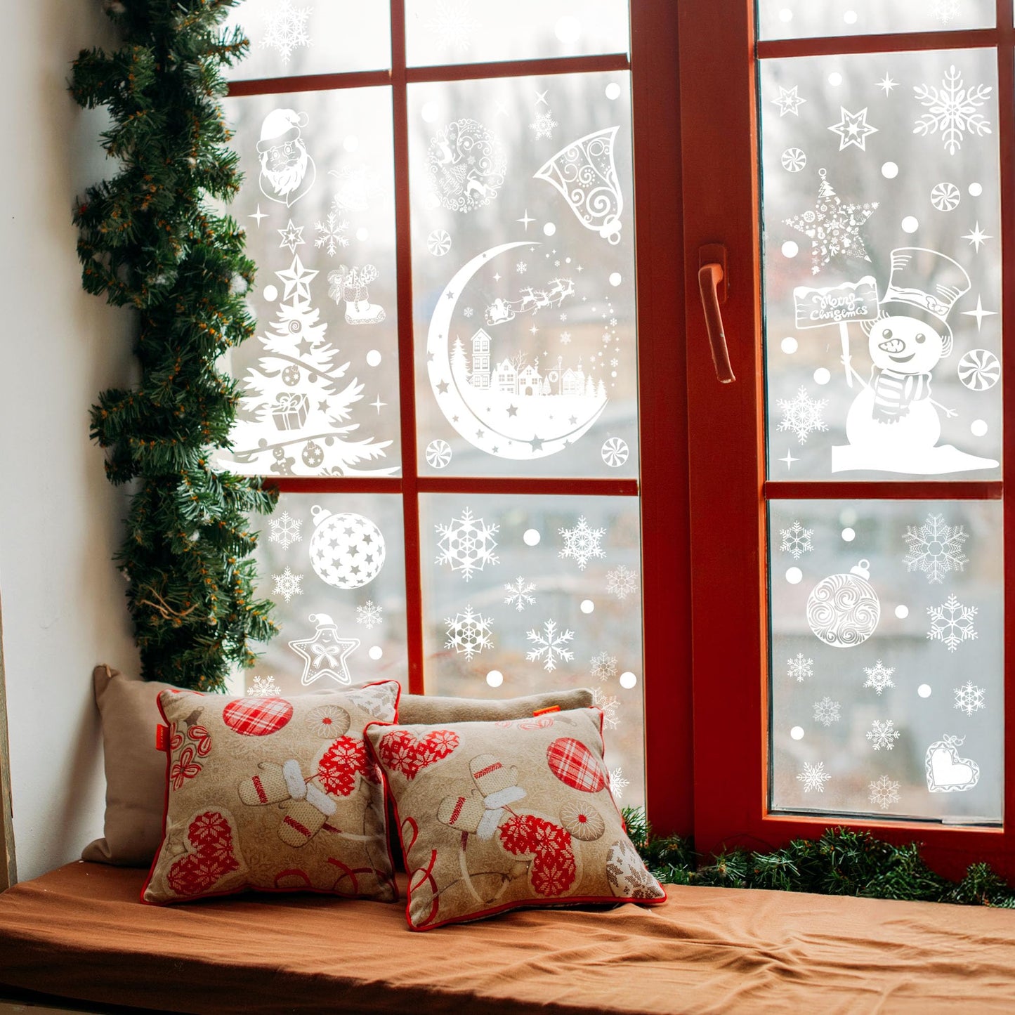Joeyan Christmas Window Stickers, 9 Sheets Large Christmas Window Clings Decals White Double Sided PVC Snowflake Snowman Xmas Tree Scene Static Sticker for Christmas Decorations, 202 Pcs