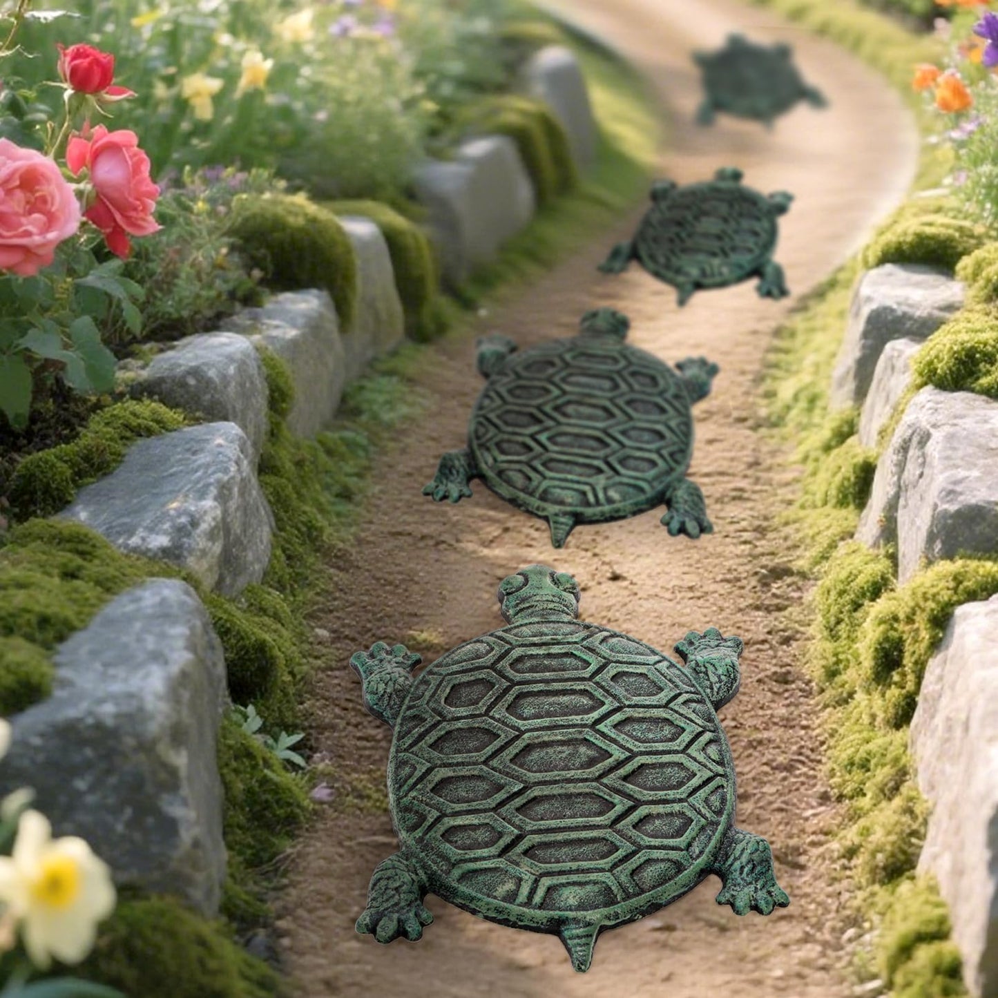 Lawei Cast Iron Turtle Stepping Stone, Sturdy Metal Stepping Mat for Front Door, Garden, Lawn and Yard, Verdigris Tortoise Decorative Stone Path Paver for Outdoor Walkway, 12.5 x9.4 Inch