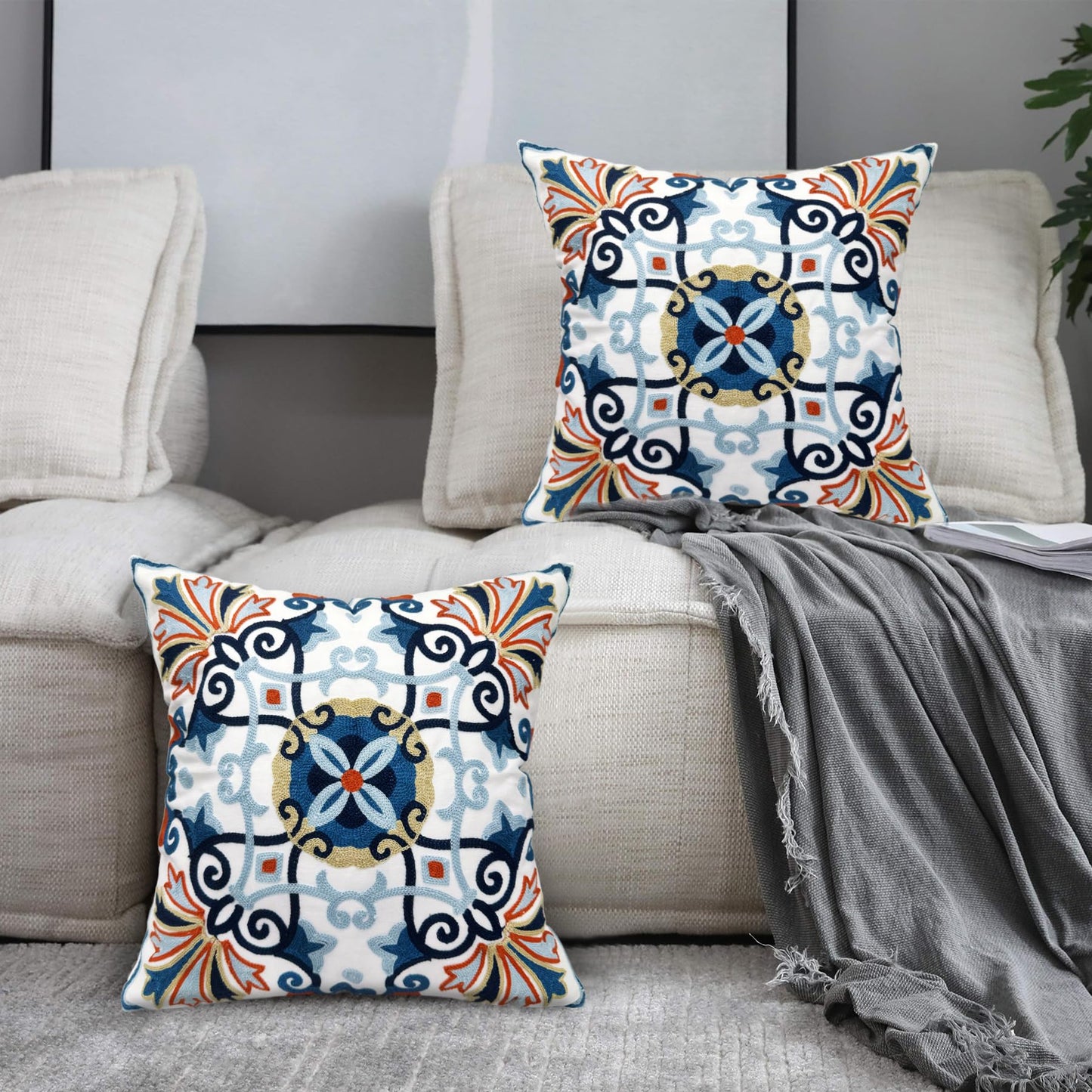 Alysheer Embroidered Fall Decorative Throw Pillow Cover 18"x 18" Set of 2, Boho Navy Blue Floral Embroidery Patterned Cotton Cushion Case for Sofa Couch Living Room Bedroom Outdoor