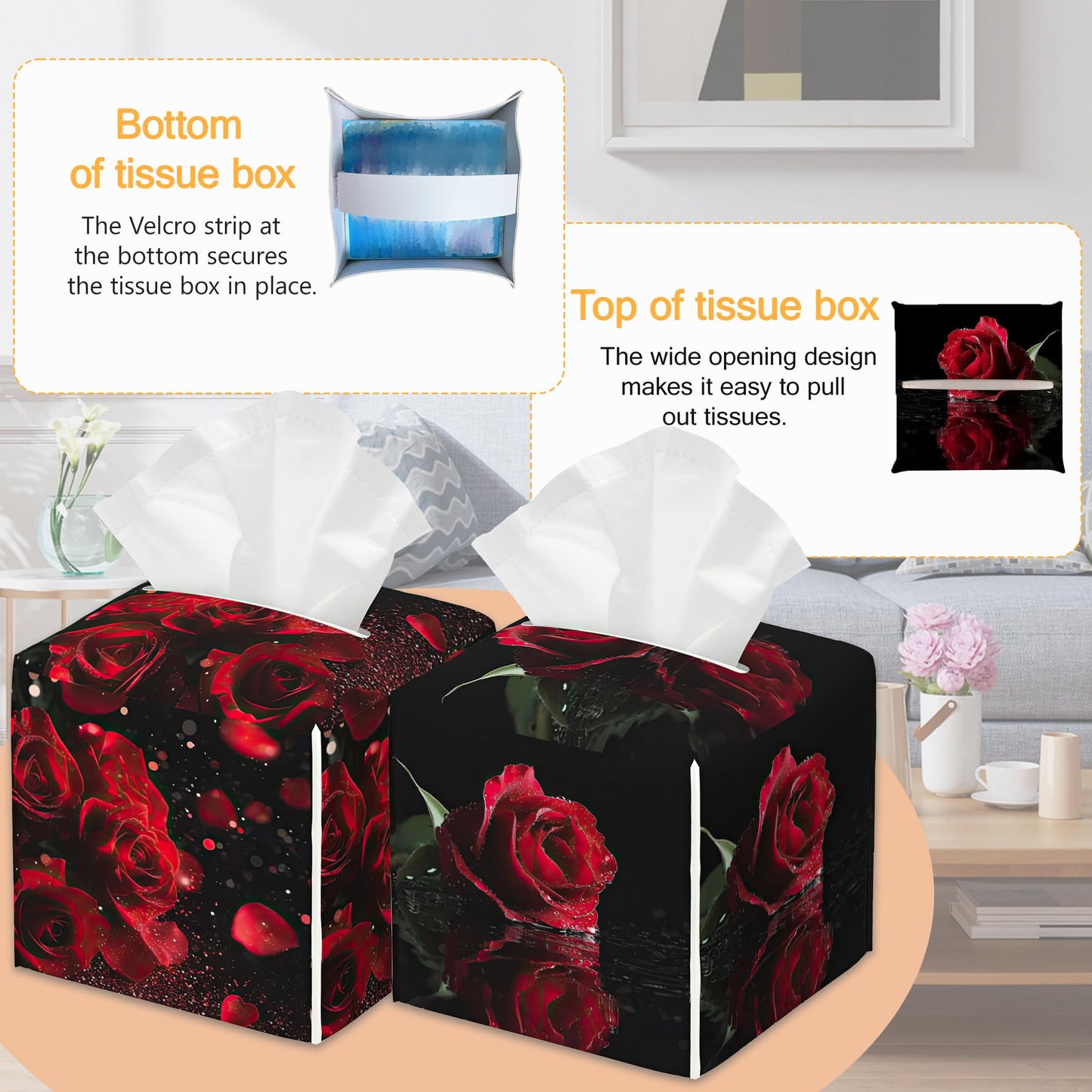 2 Pcs Tissue Box Cover Square Leather Tissue Case Holder Facial Paper Organizer Decorative for Bathroom Kitchen Car Office Home Decor (Rose Flowers Valentines Day)