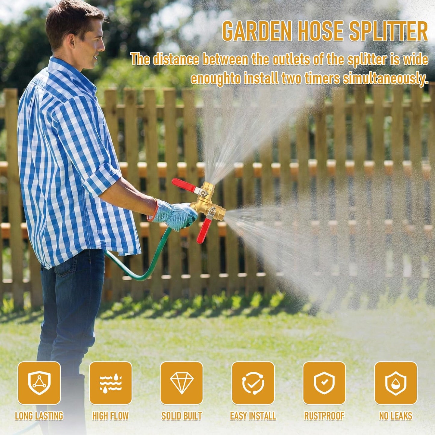 Garden Hose Splitter 2 Way, Heavy Duty Brass Y Valve Water Hose Splitter With Stainless Steel Long Handle Outdoor Full Flow Hose Splitter Connector,Y Valve 3/4 Inch GHT Thread