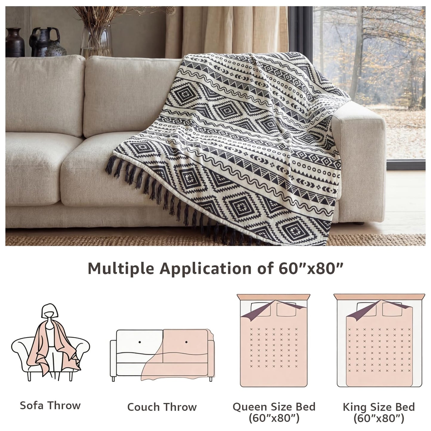 Boho Throw Blanket for Couch - Farmhouse Rustic Soft Blanket with Tassel, Western Aztec Vintage Blanket, Bohemian Cozy Blanket, Gifts for Women(50x60 Inches, Black and White)