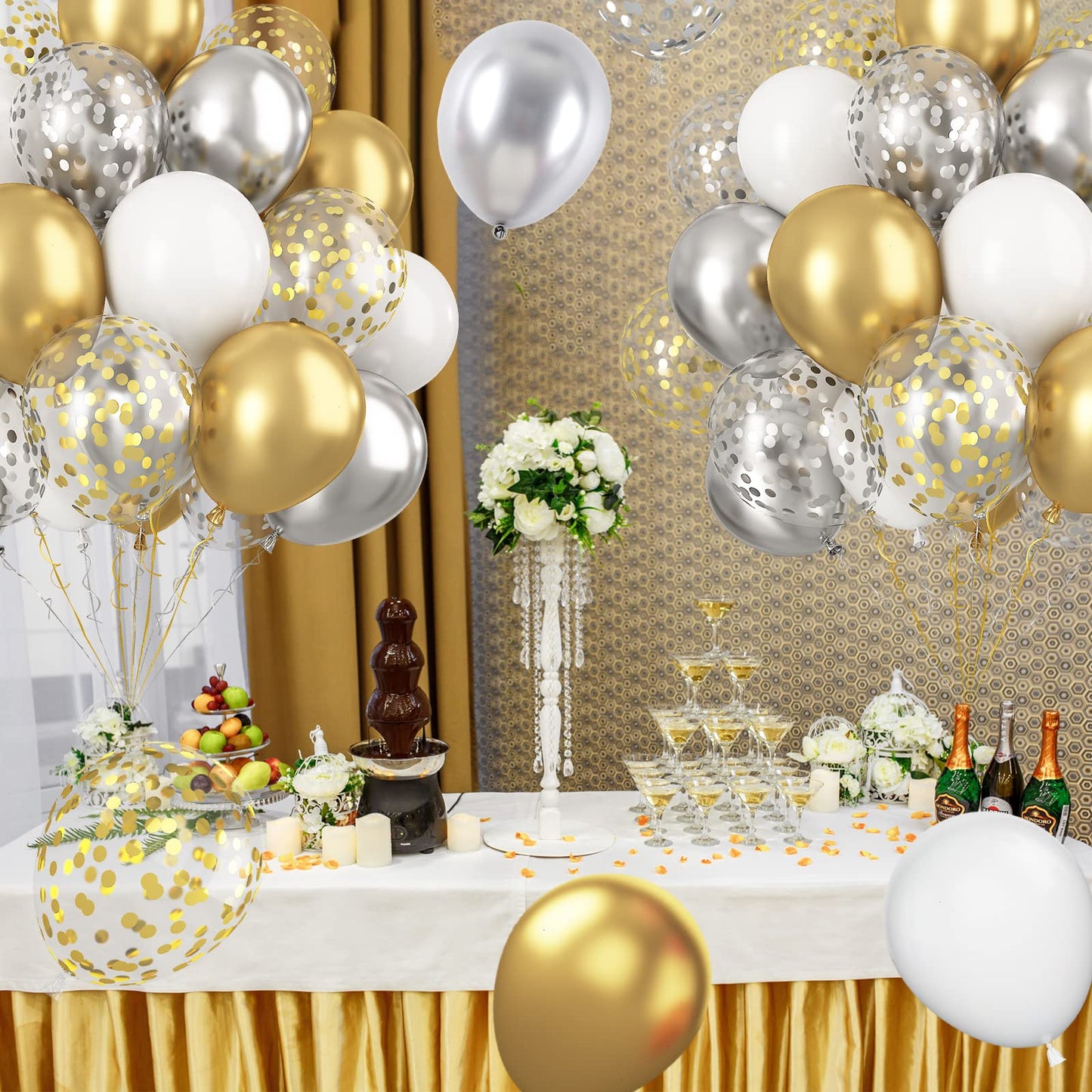 Paready Gold and Silver Latex Balloons, 60 Pcs 12 Inch Metallic Gold Silver and White Confetti Balloons for Birthday Baby Shower Engagement Anniversary Wedding Bridal Shower Graduation Decoration