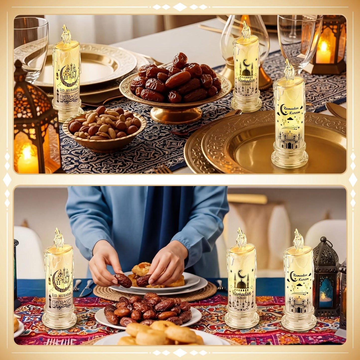 VIHOSE 3 Pcs Ramadan Decorations for Home Eid Mubarak Flameless Candles LED Battery Operated Candles Muslim Moon Decorative Lights for Home Muslim Ramadan Decorations