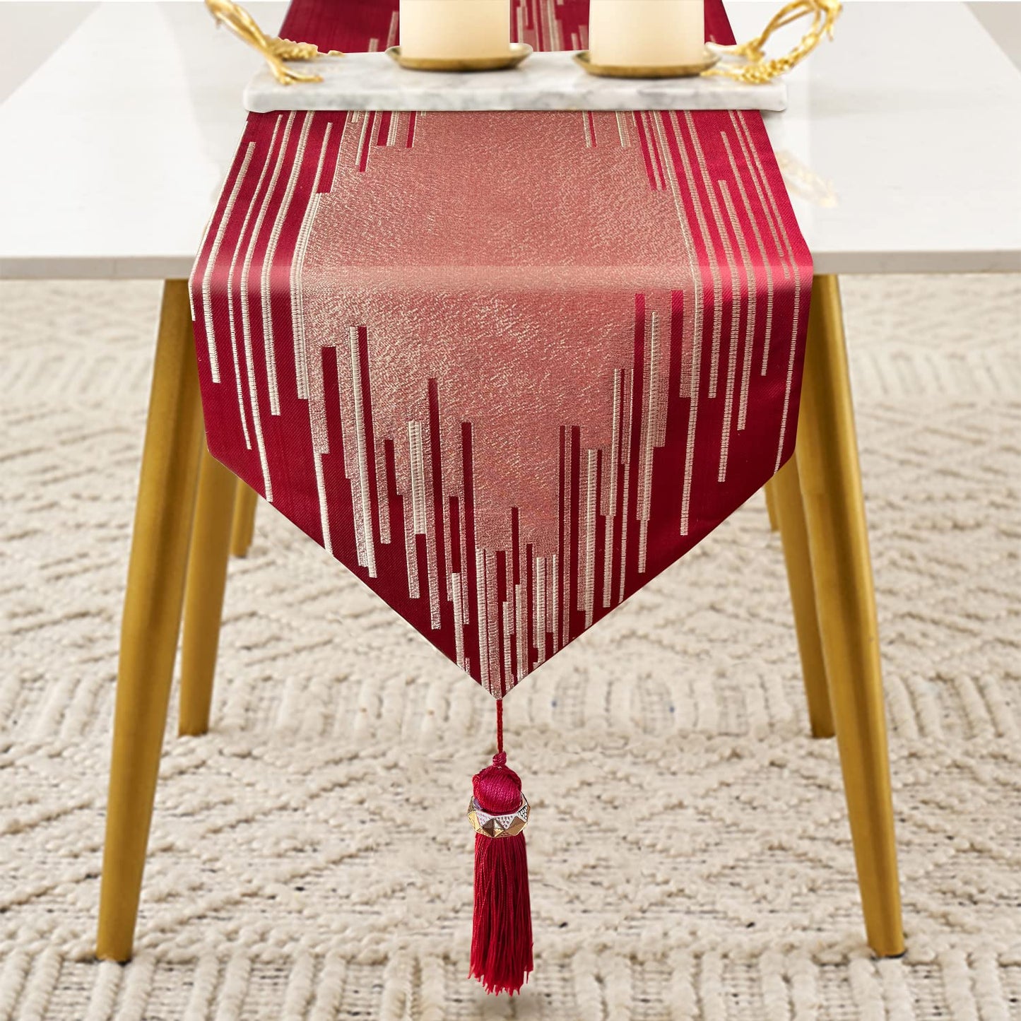 Fullony Luxury Christmas Red Table Runner 72 Inches Long Abstract Geometry Embroidery Pattern with Handmade Tassels Thick Fabric for Home Living Room Bedroom Dinner Room Art Decor Christmas