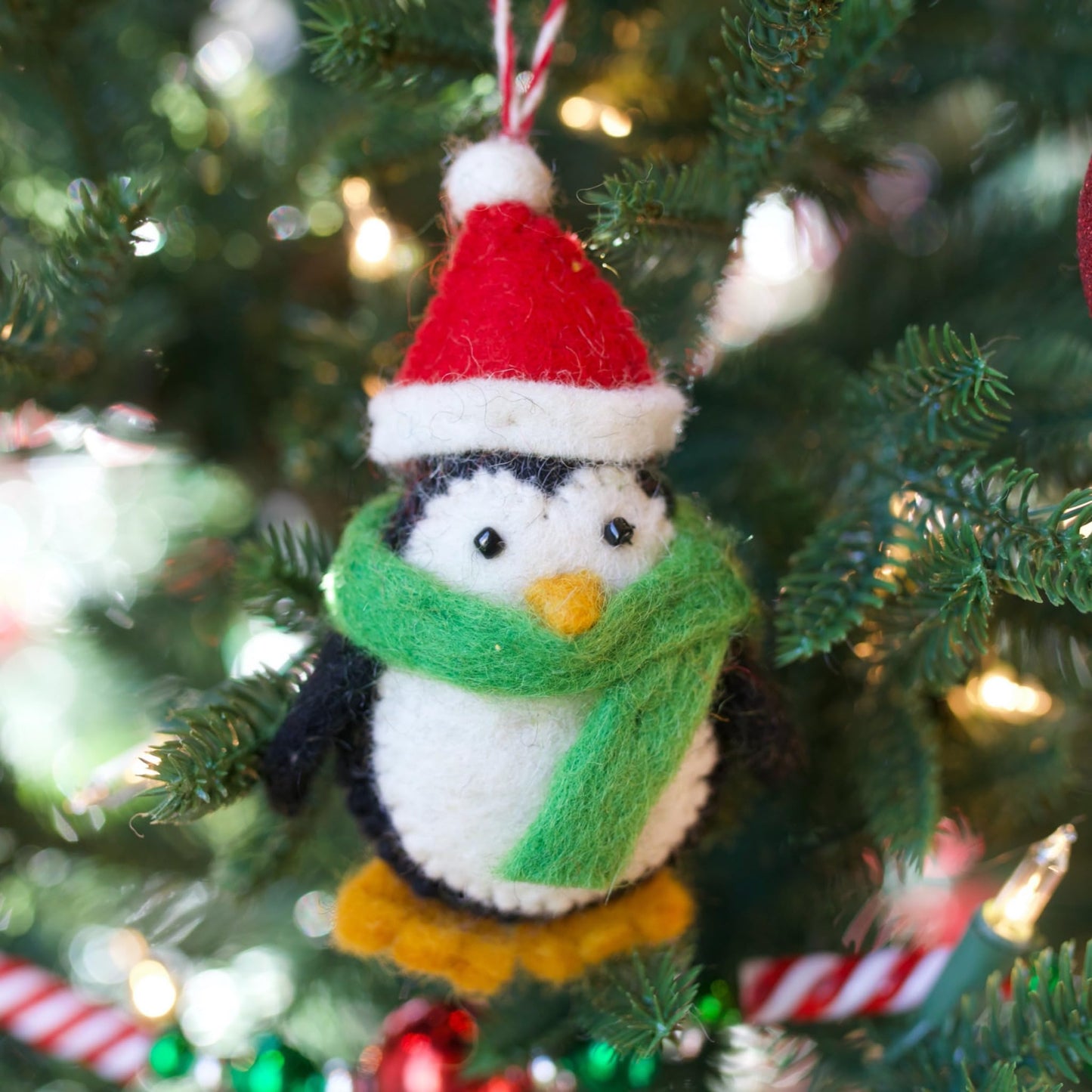 Penguin with Red Hat Christmas Ornament Handmade Felt Wool