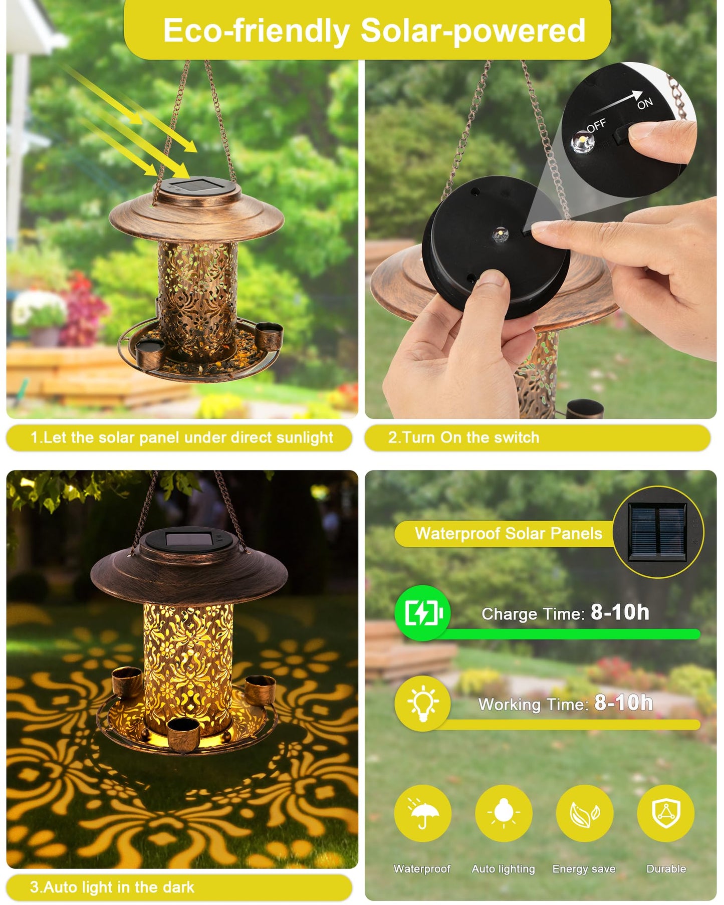 Dosevita Solar Bird Feeders for Outdoors, Metal Hanging Bird Feeder with 3 Water Cups,Rust Resistant, Solar Garden Lantern for Outdoors Decor,The Perfect Choice for Gift(2.5LB)