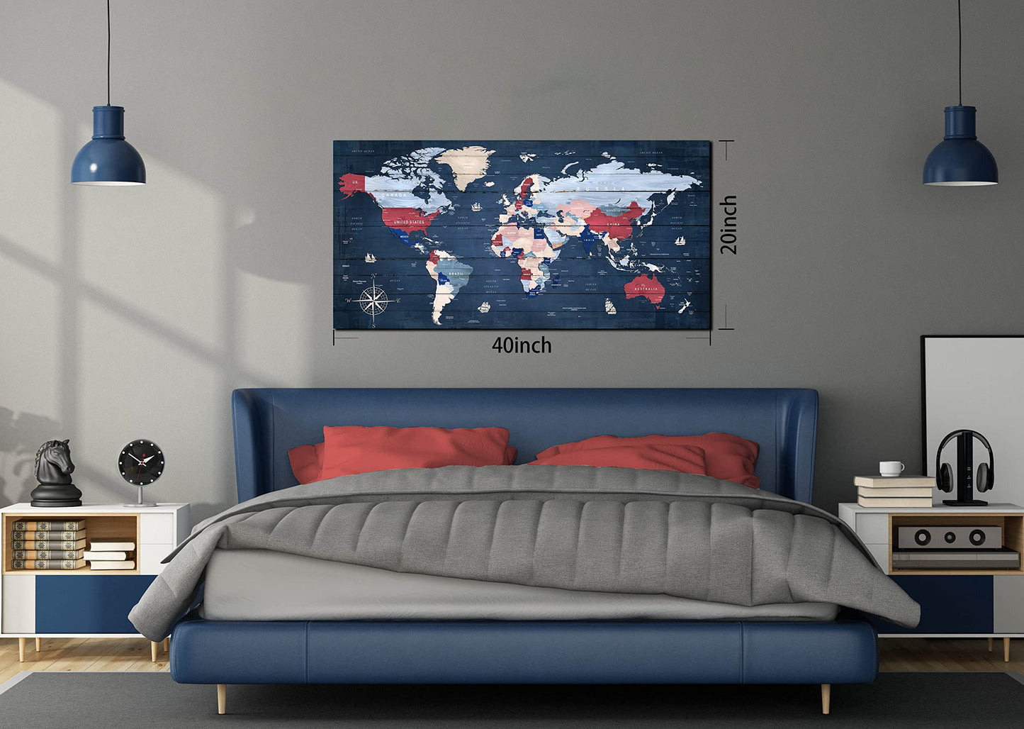 ZHAOSHOP Blue World Map Wall-Art For Office - Large World Maps For Wall - Canvas Wall Art Stretched and Framed Ready to Hang Size 40" x 20"