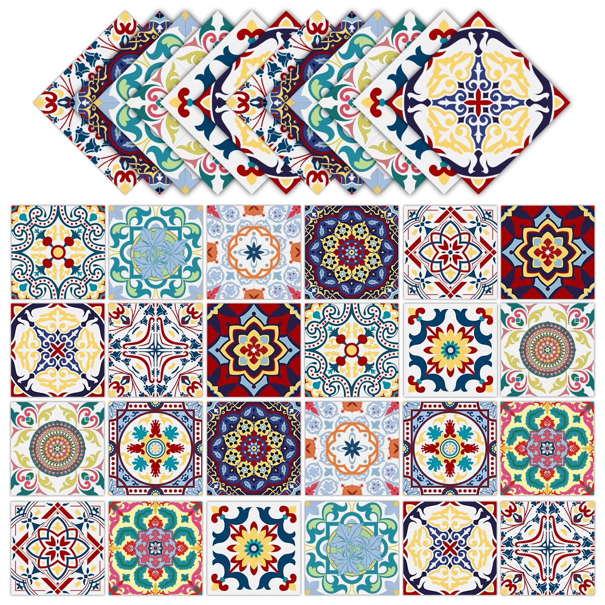 AWLZJZQA 24 PCS (6"x6") Retro Mexican Tile Sticker Peel and Stick Wall Decals Talavera Kitchen Backsplash Boho Cover Up Waterproof Murals (Wallstickers-005, 6 Inch)